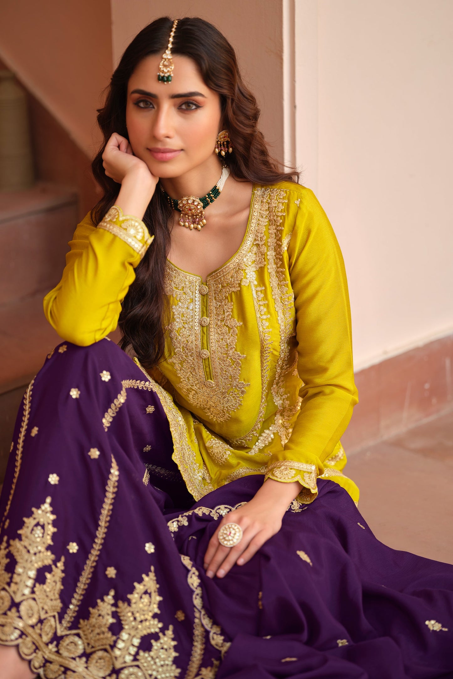 Yellow Readymade Embroidered Chinon Silk Palazzo Suit-SAR11490_2_SareeButa.com