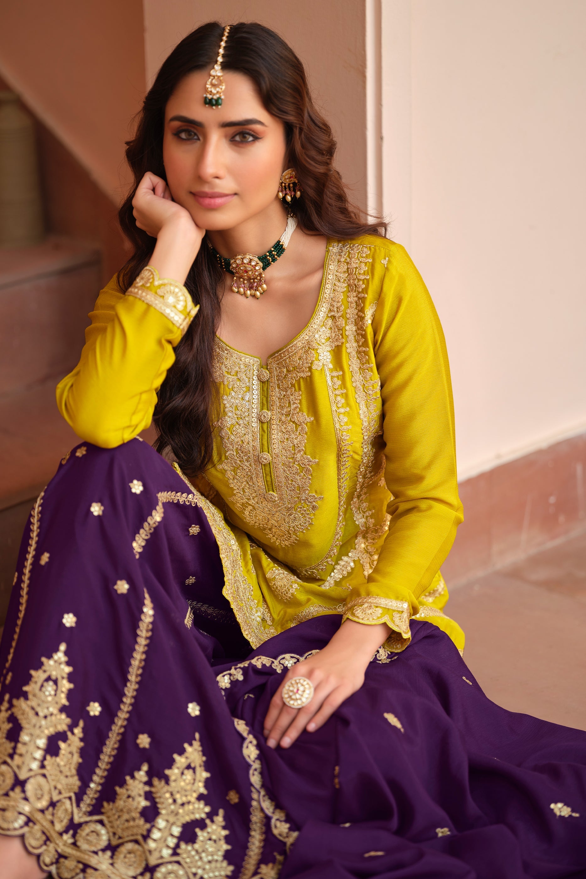 Yellow Readymade Embroidered Chinon Silk Palazzo Suit-SAR11490_2_SareeButa.com
