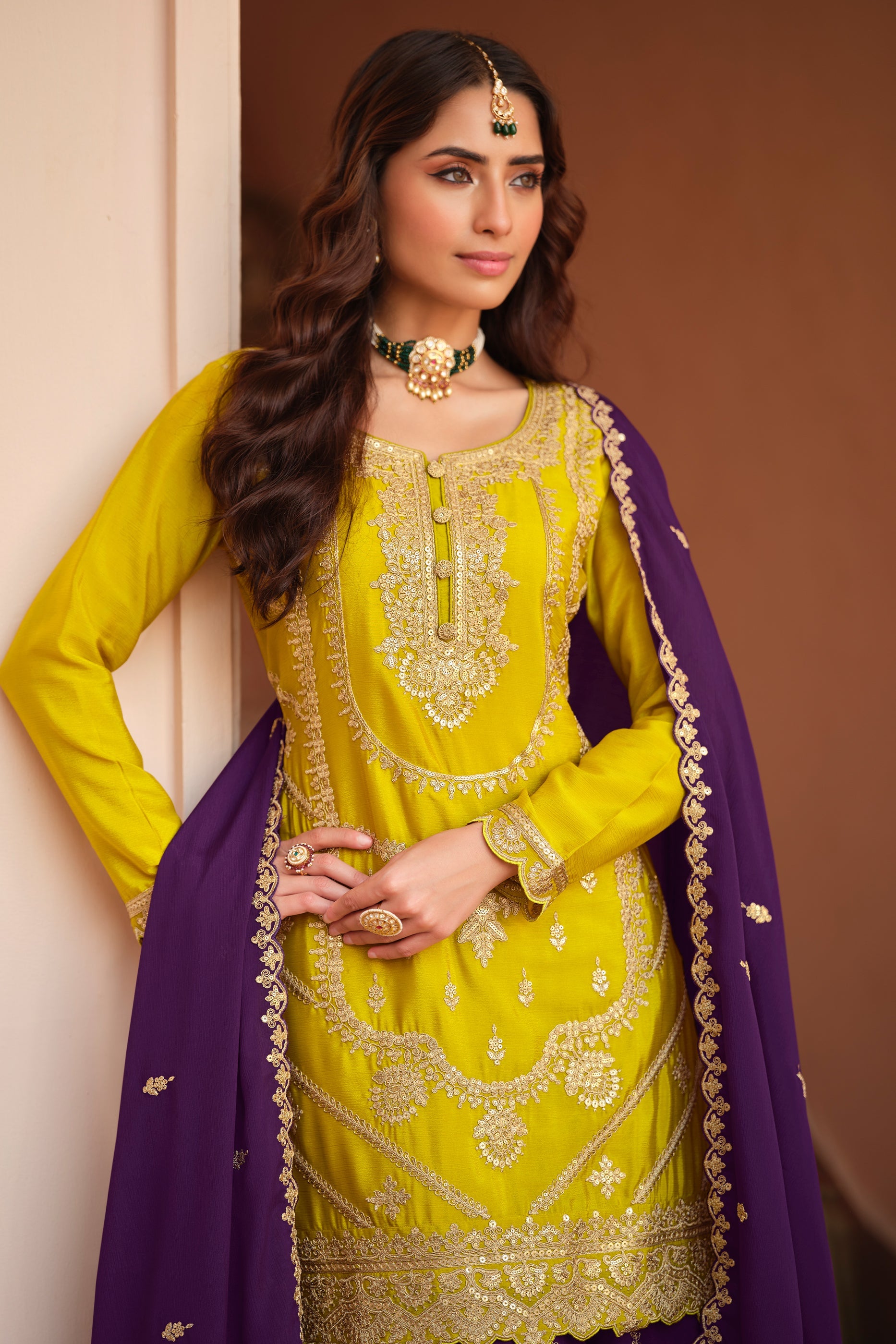Yellow Readymade Embroidered Chinon Silk Palazzo Suit-SAR11490_3_SareeButa.com