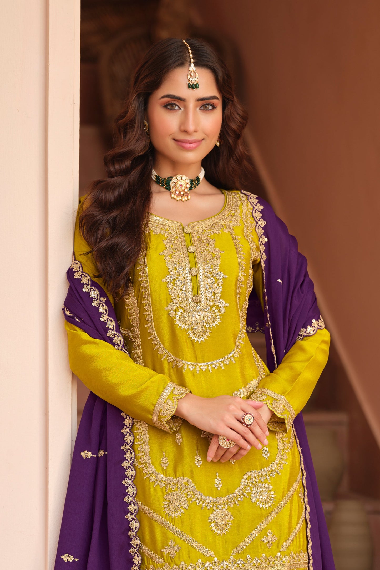 Yellow Readymade Embroidered Chinon Silk Palazzo Suit-SAR11490_4_SareeButa.com