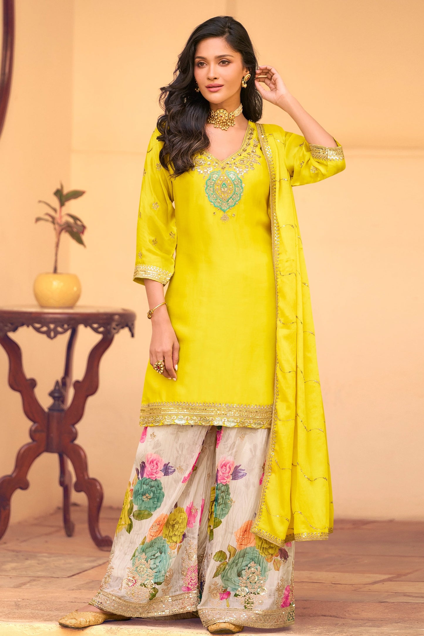Yellow Readymade Embroidered Chinon Silk Sharara Suit-SAR10507_1_SareeButa.com