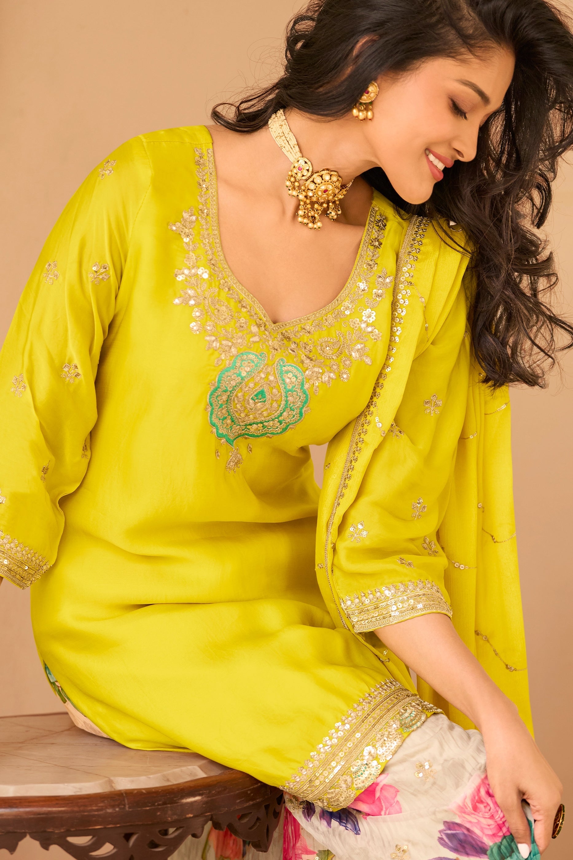 Yellow Readymade Embroidered Chinon Silk Sharara Suit-SAR10507_2_SareeButa.com