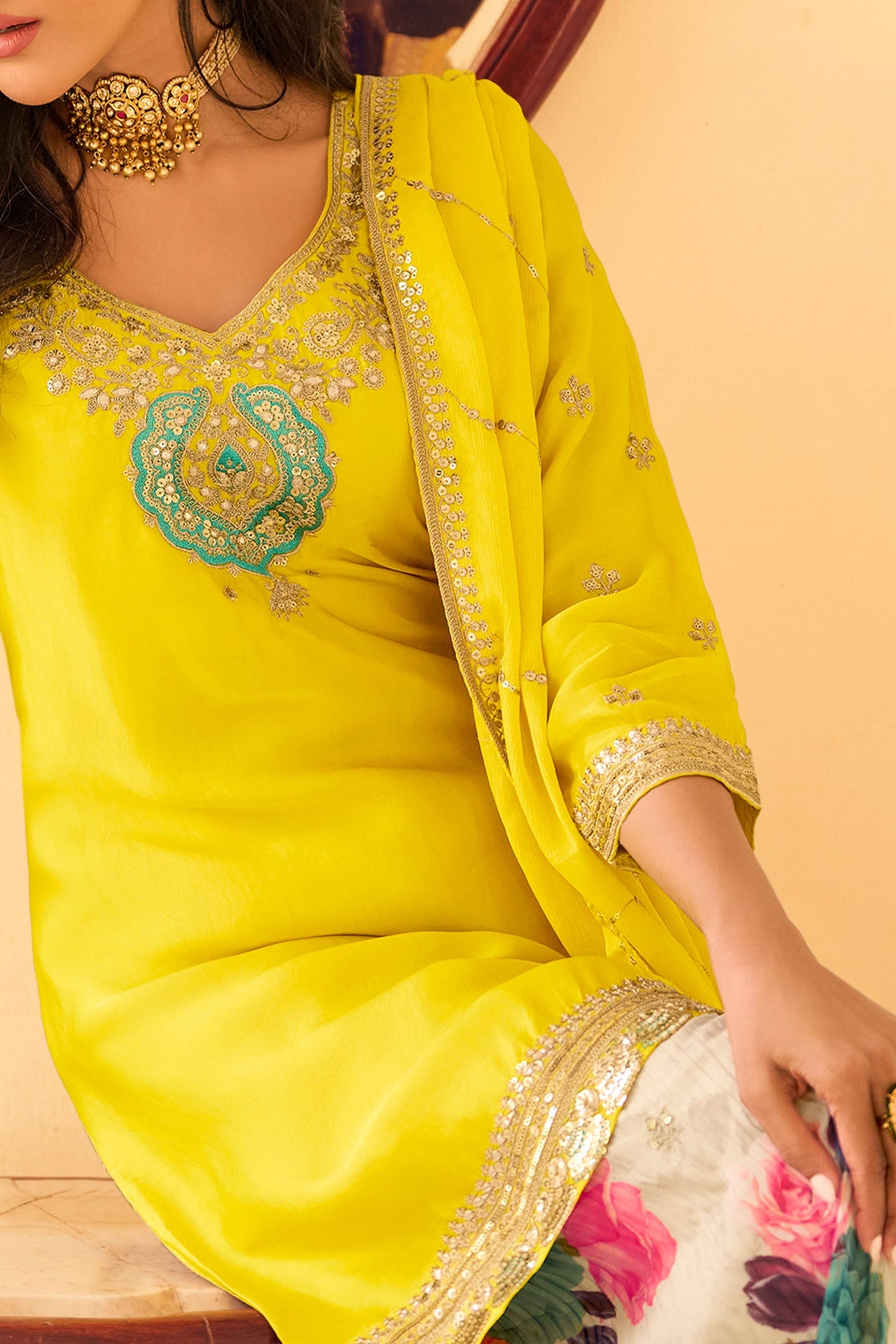 Yellow Readymade Embroidered Chinon Silk Sharara Suit-SAR10507_3_SareeButa.com