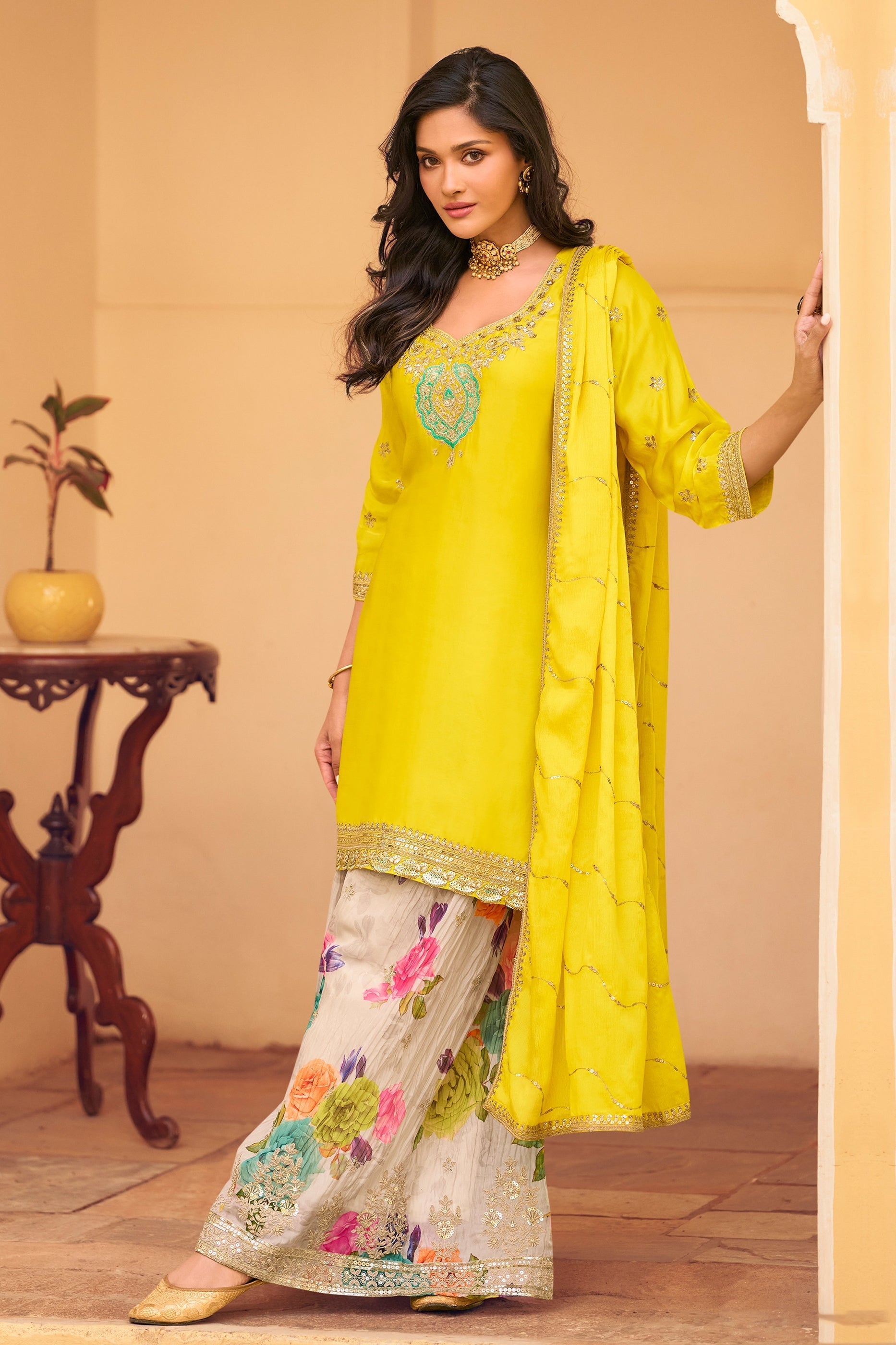 Yellow Readymade Embroidered Chinon Silk Sharara Suit-SAR10507_4_SareeButa.com