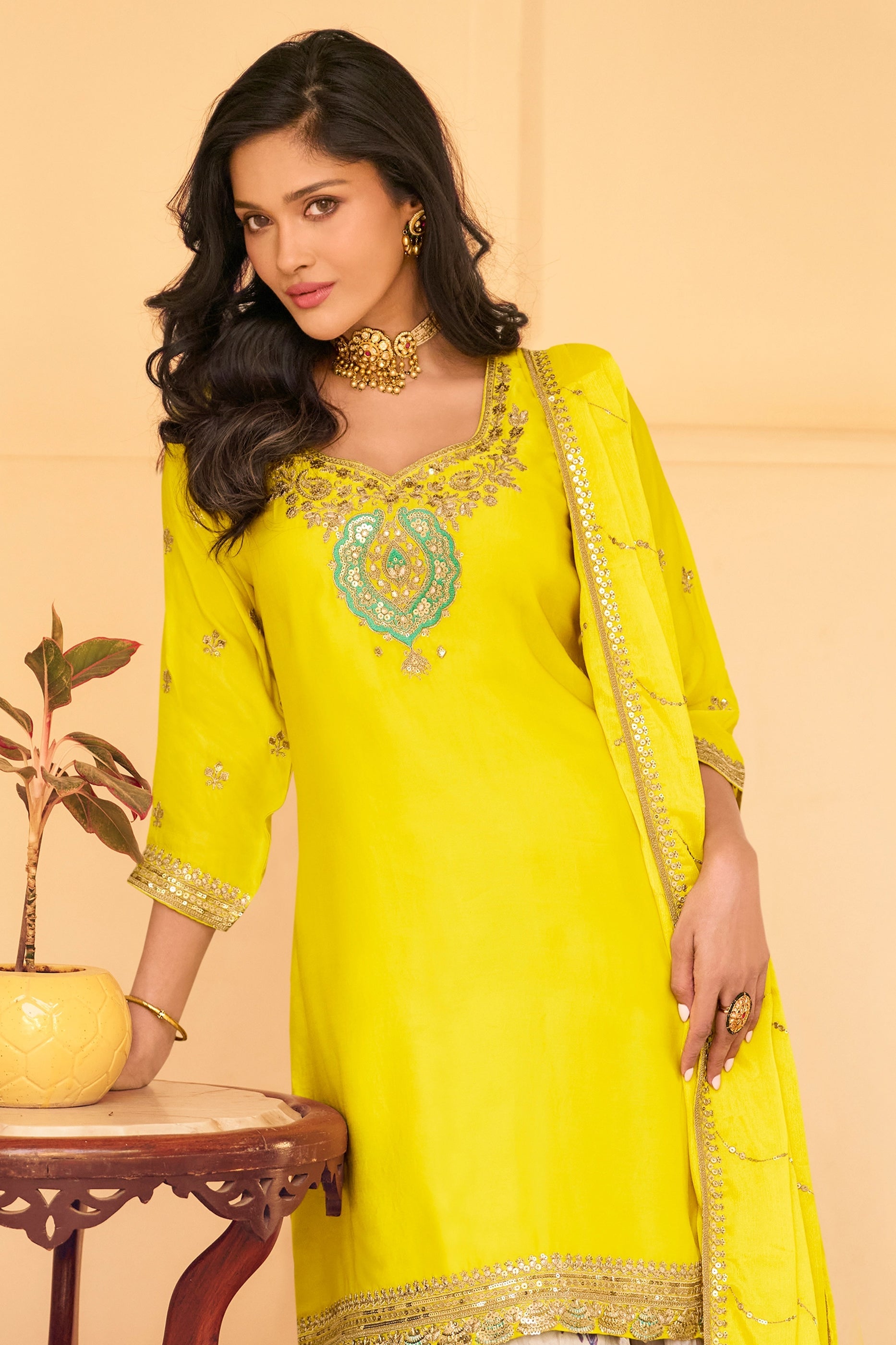 Yellow Readymade Embroidered Chinon Silk Sharara Suit-SAR10507_5_SareeButa.com