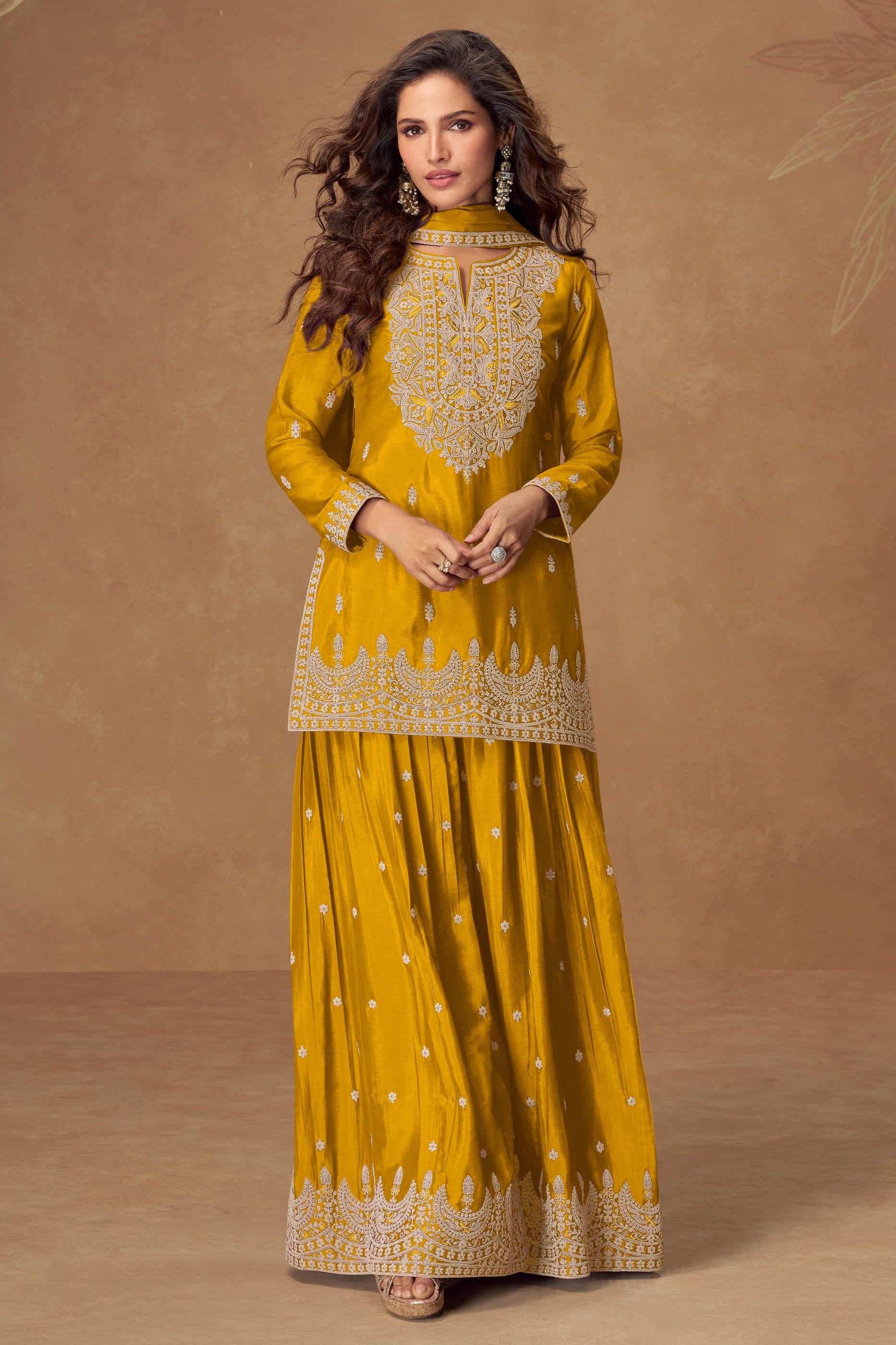 Yellow Readymade Embroidered Chinon Silk Suit-SAR10512_1_SareeButa.com