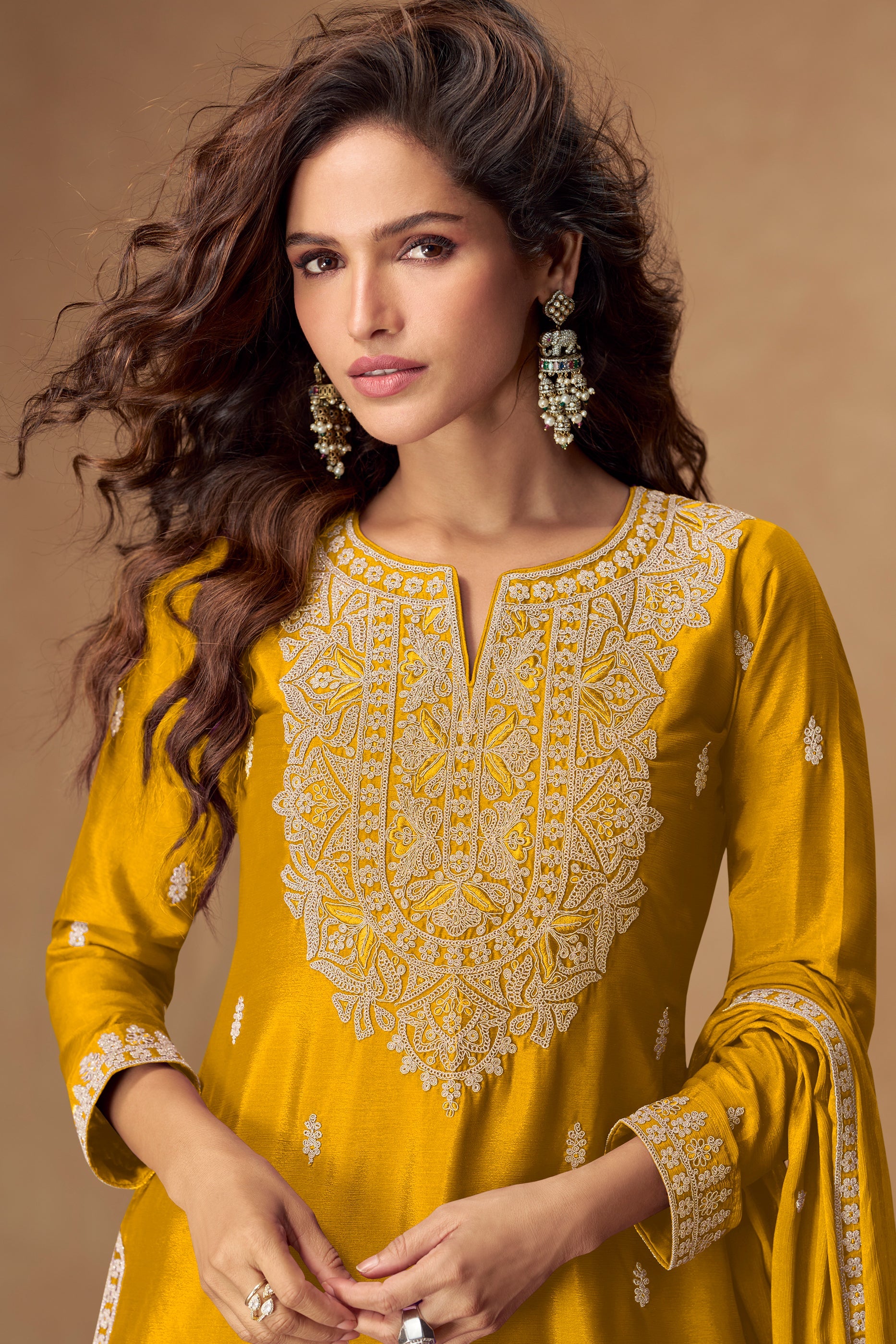 Yellow Readymade Embroidered Chinon Silk Suit-SAR10512_2_SareeButa.com