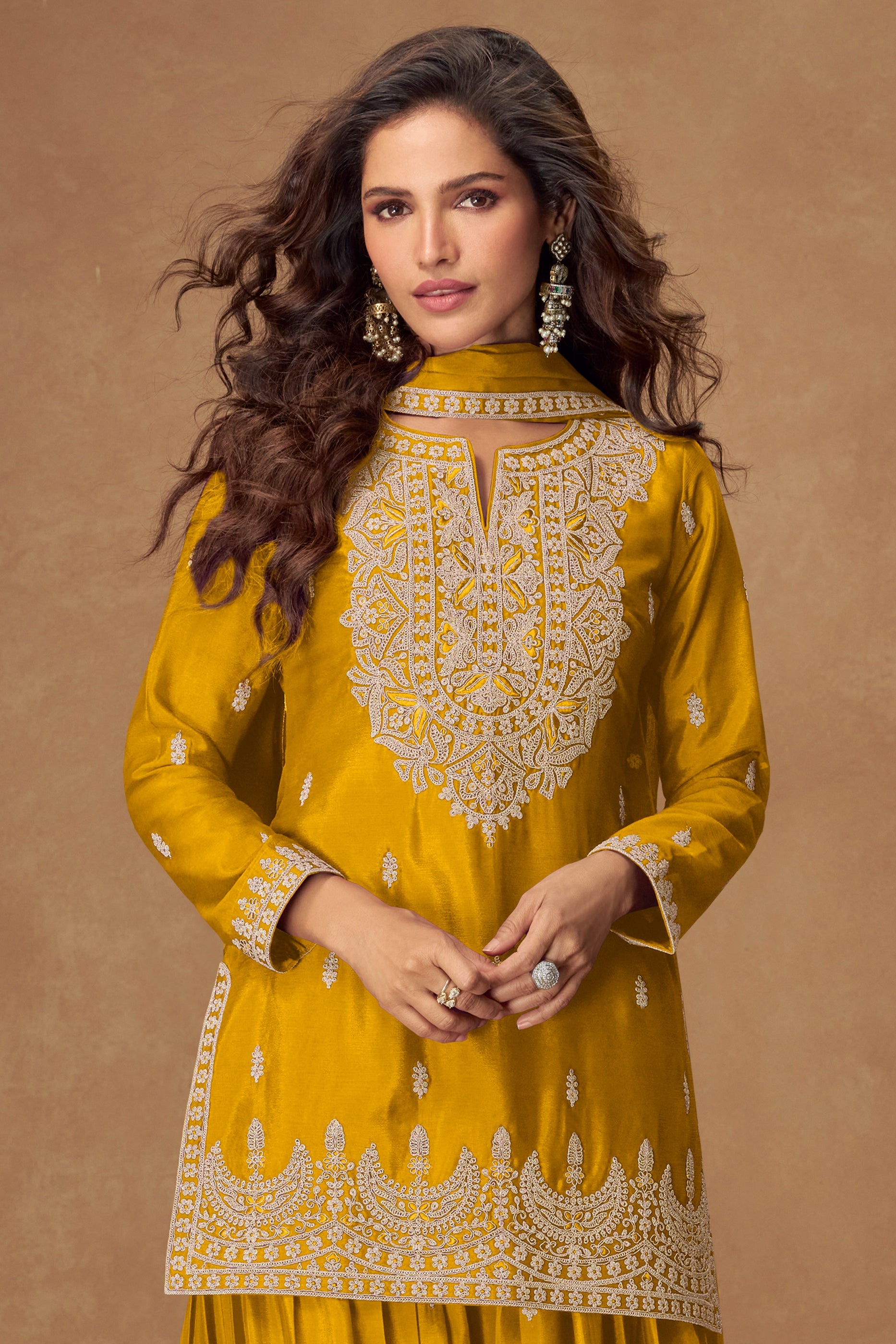 Yellow Readymade Embroidered Chinon Silk Suit-SAR10512_3_SareeButa.com