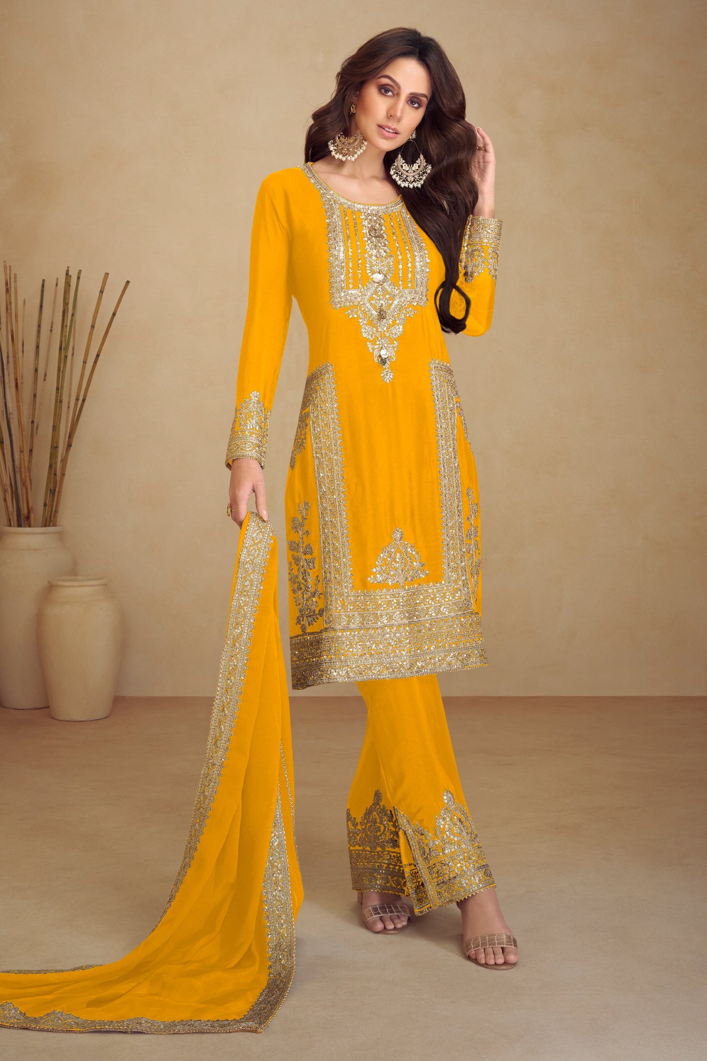 Yellow Readymade Embroidered Chinon Suit-SAR10807_1_SareeButa.com