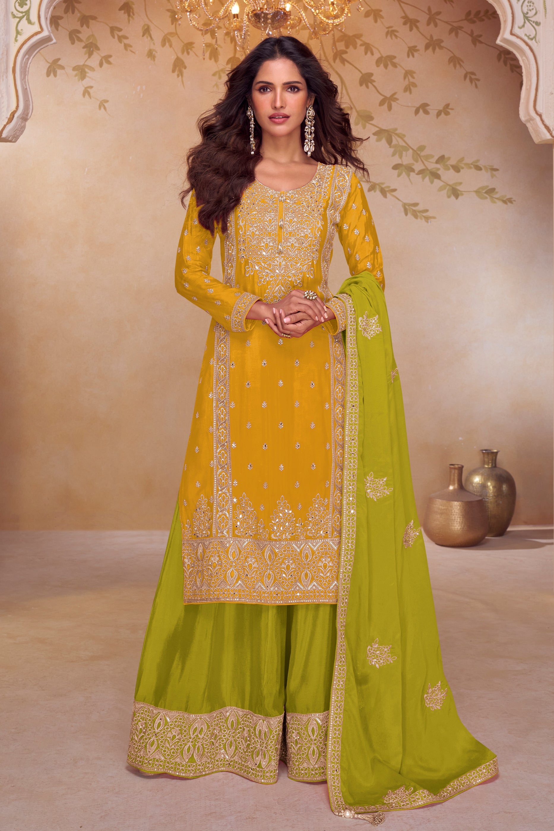 Yellow Readymade Embroidered Chinon Suit-SAR11537_1_SareeButa.com
