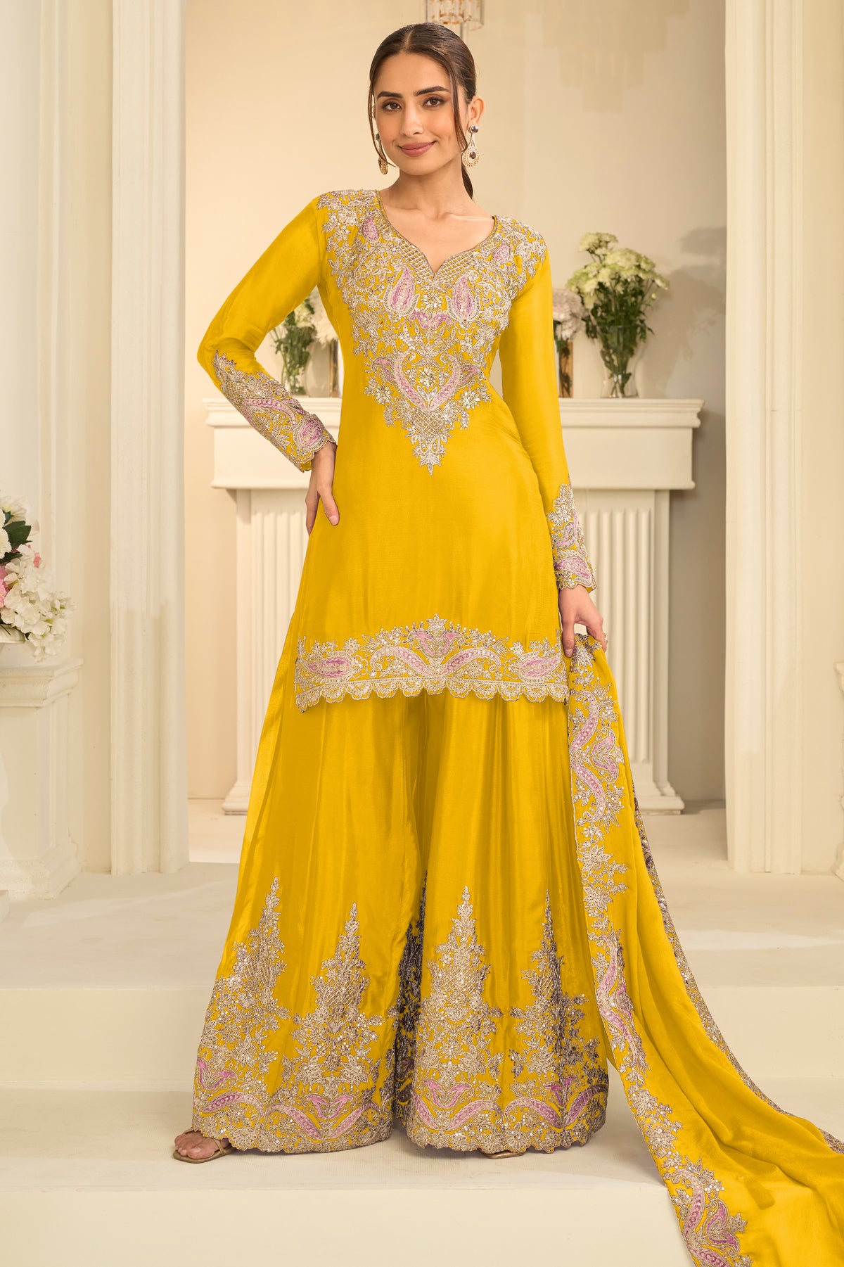 Yellow Readymade Embroidered Chinon Suit-SAR13297_1_SareeButa.com