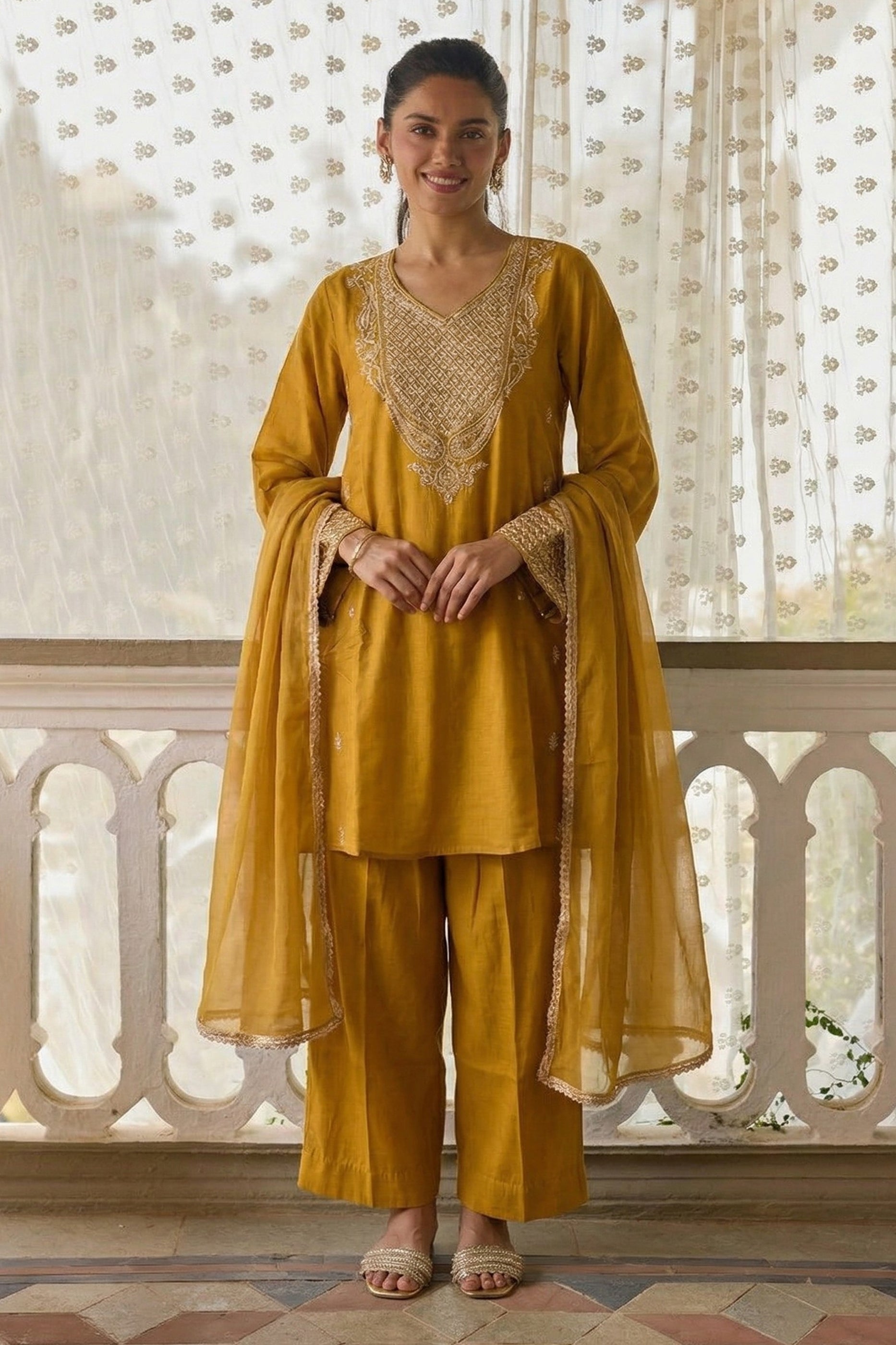 Yellow Readymade Embroidered Cotton Silk Suit-SAR12755_1_SareeButa.com