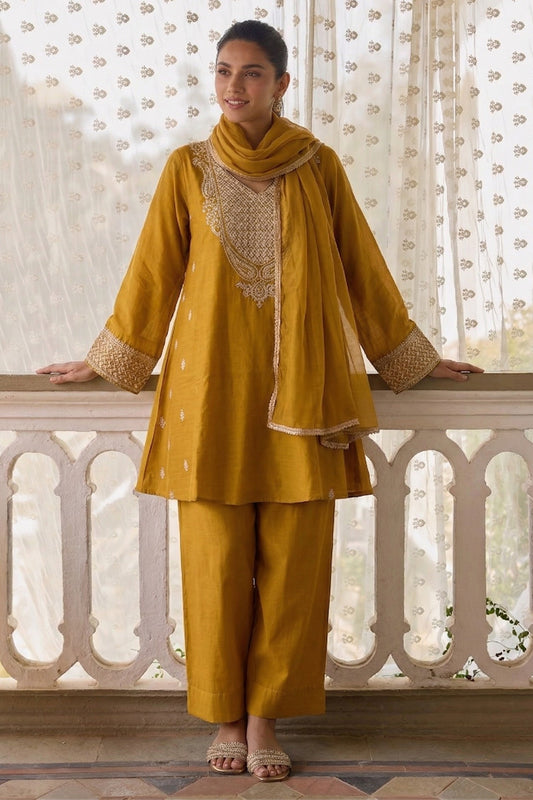 Yellow Readymade Embroidered Cotton Silk Suit-SAR12755_2_SareeButa.com