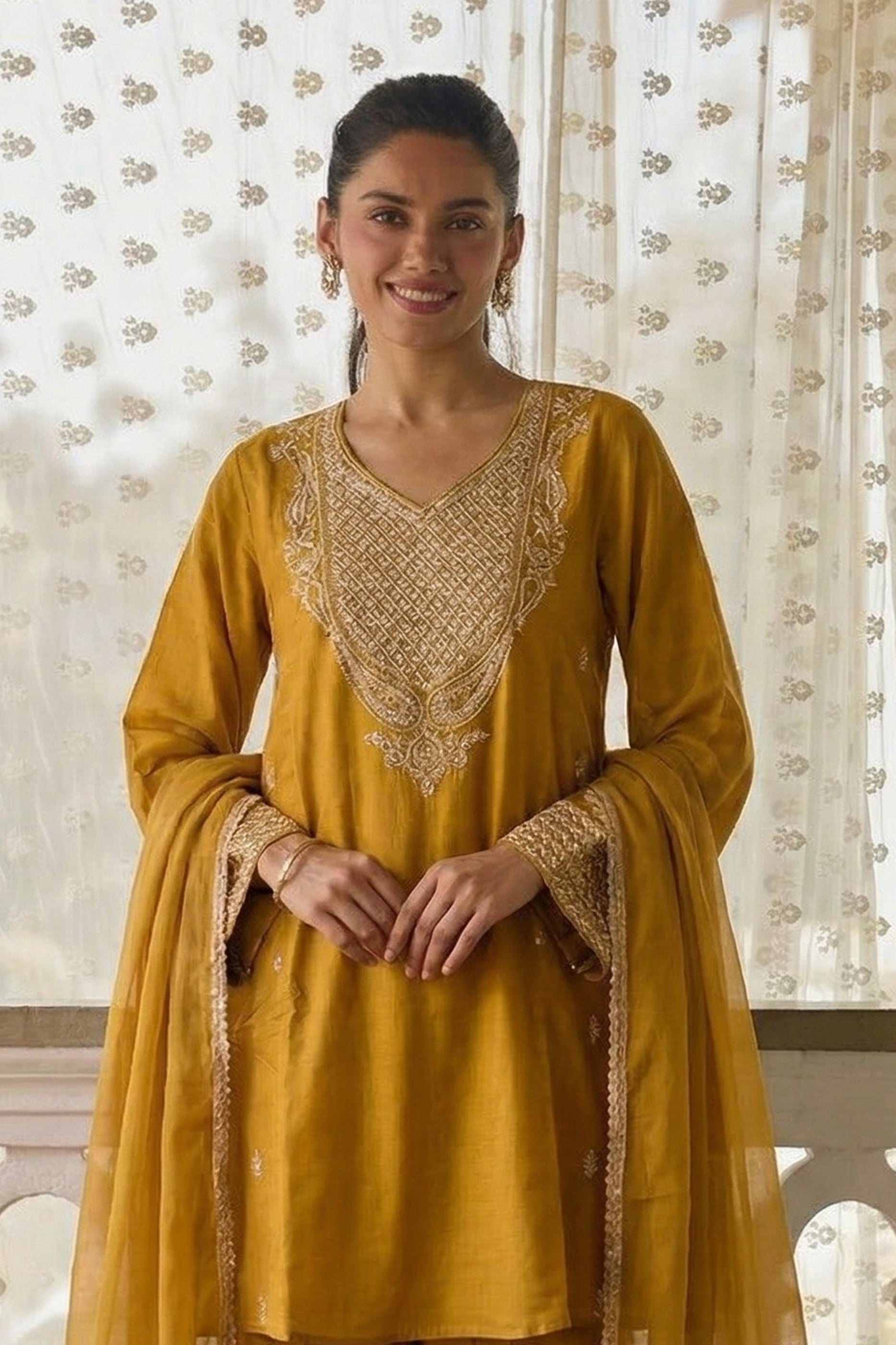 Yellow Readymade Embroidered Cotton Silk Suit-SAR12755_3_SareeButa.com