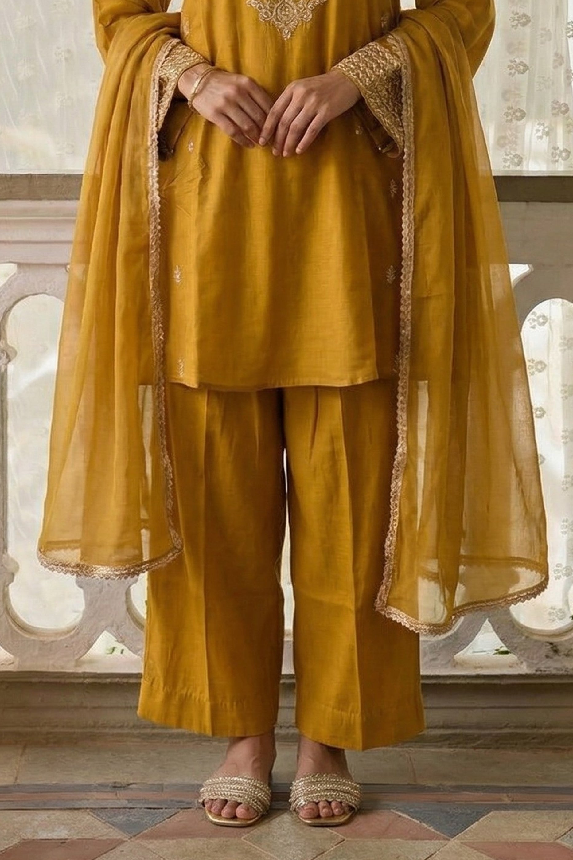Yellow Readymade Embroidered Cotton Silk Suit-SAR12755_4_SareeButa.com