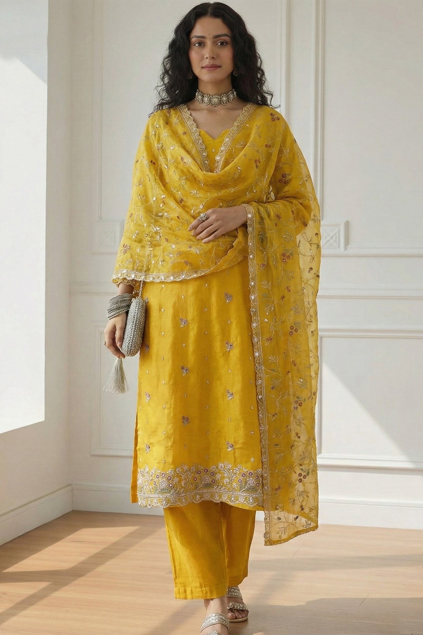 Yellow Readymade Embroidered Organza Suit-SAR11636_1_SareeButa.com