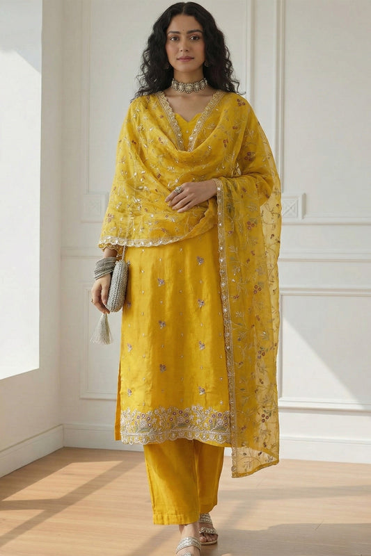 Yellow Readymade Embroidered Organza Suit-SAR11636_1_SareeButa.com