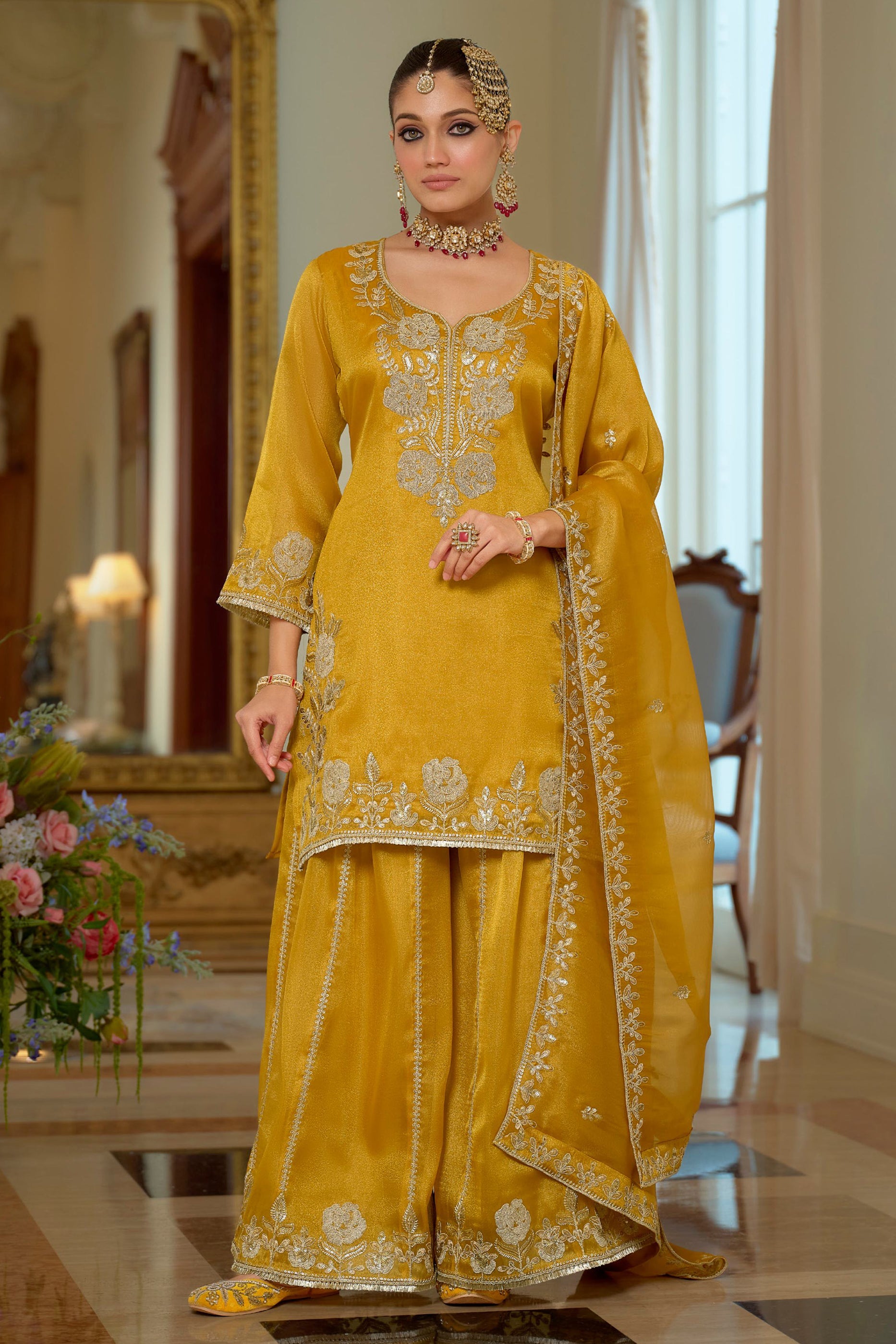 Yellow Readymade Embroidered Shimmer Palazzo Suit-SAR11664_1_SareeButa.com
