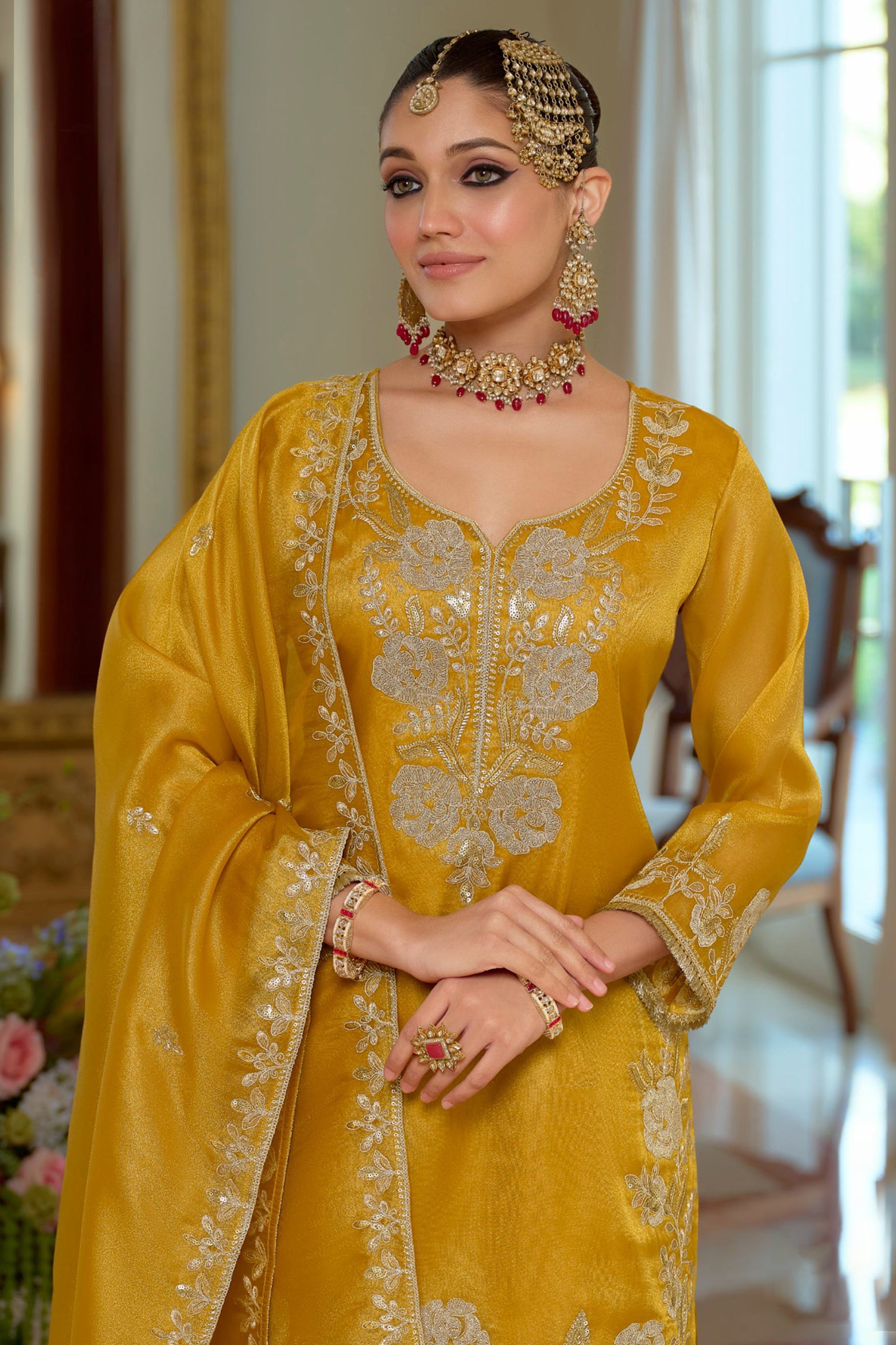 Yellow Readymade Embroidered Shimmer Palazzo Suit-SAR11664_2_SareeButa.com