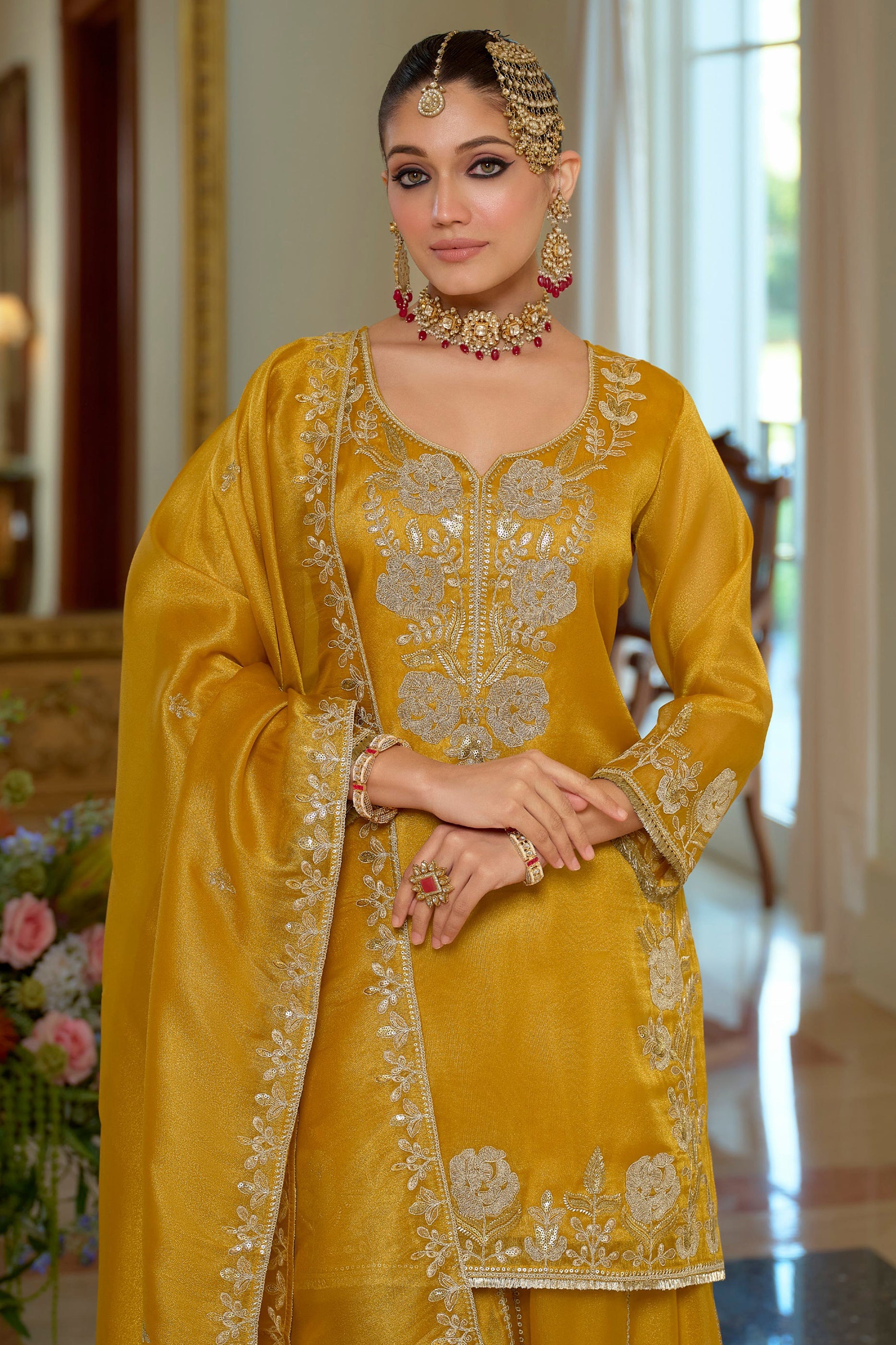 Yellow Readymade Embroidered Shimmer Palazzo Suit-SAR11664_3_SareeButa.com