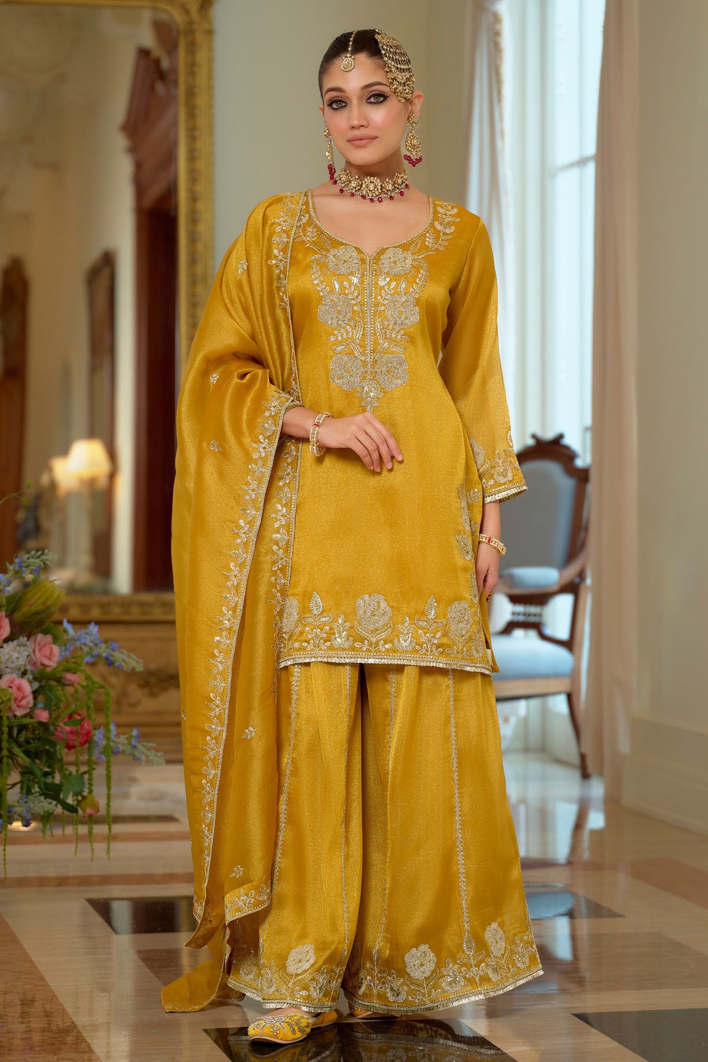 Yellow Readymade Embroidered Shimmer Palazzo Suit-SAR11664_4_SareeButa.com