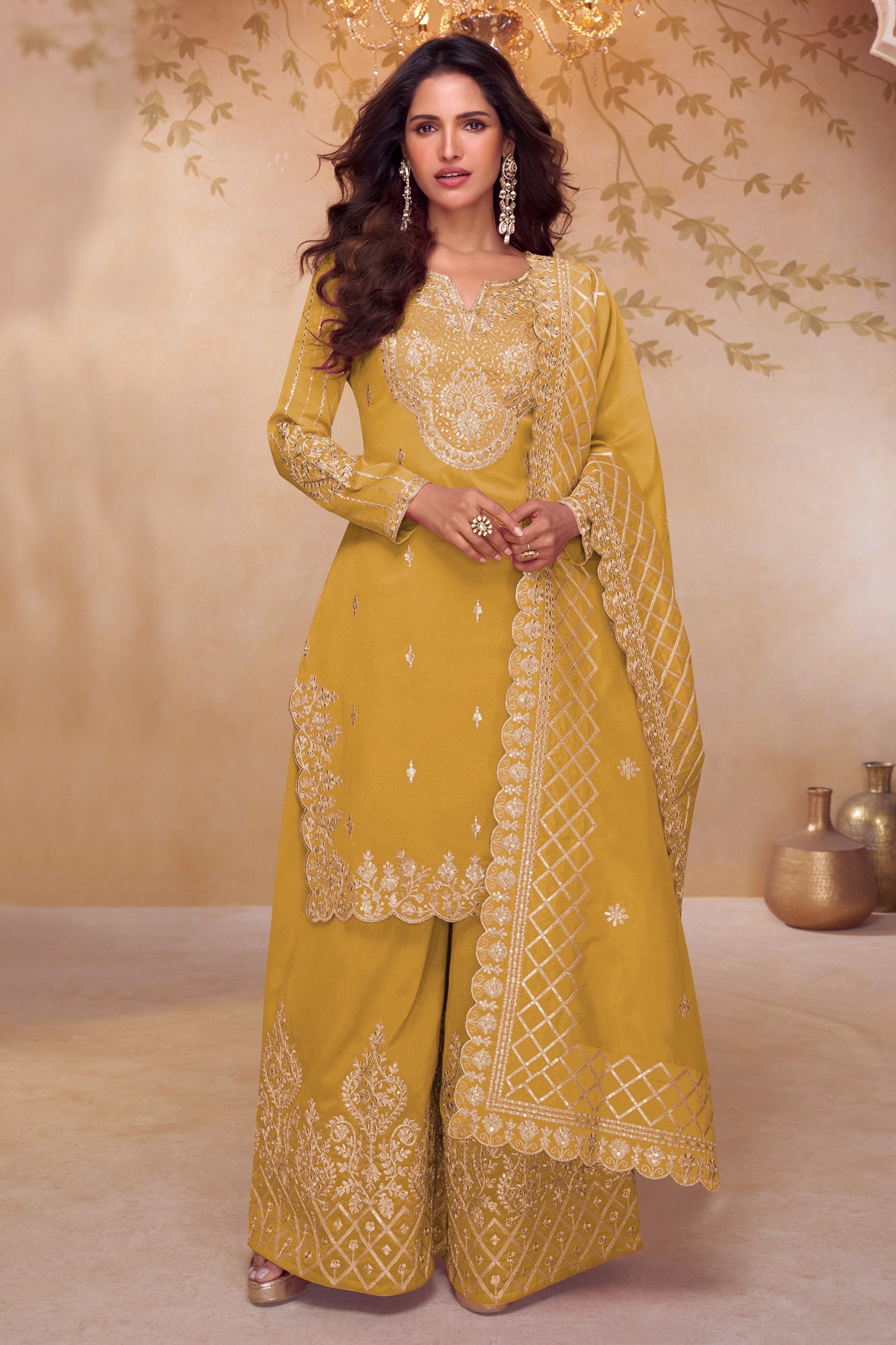 Yellow Readymade Embroidered Simar Silk Palazzo Suit-SAR11083_1_SareeButa.com