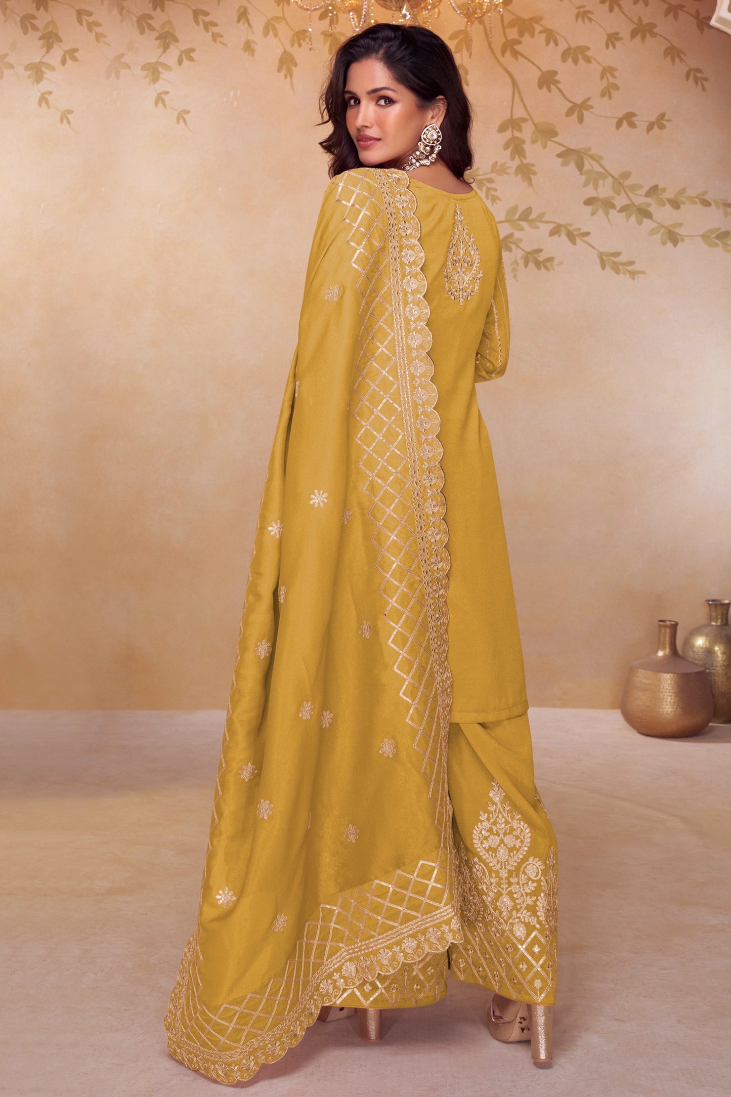 Yellow Readymade Embroidered Simar Silk Palazzo Suit-SAR11083_3_SareeButa.com