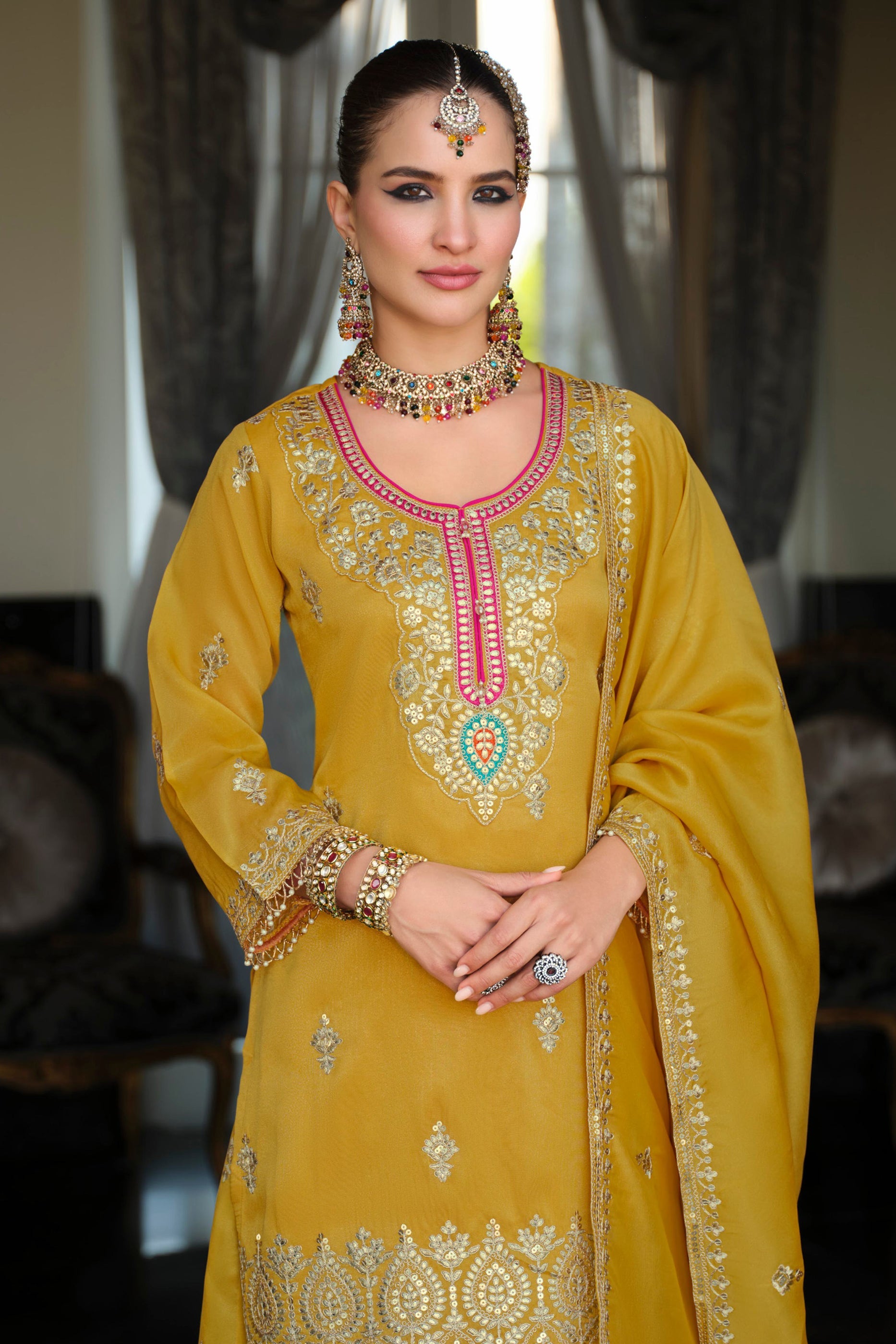 Yellow Readymade Embroidered Simar Silk Suit-SAR12126_3_SareeButa.com