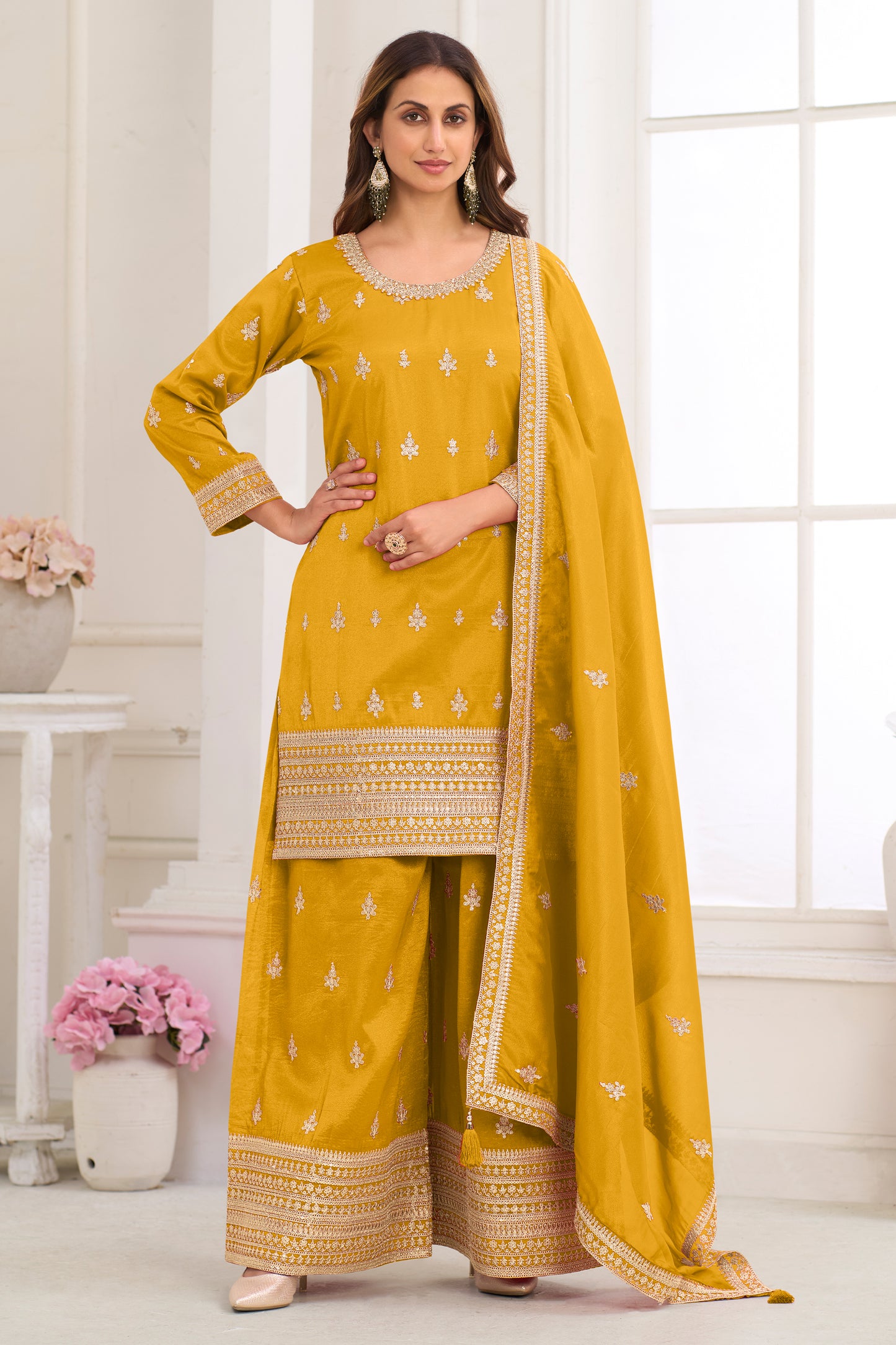 Yellow Readymade Embroidered Simar Silk Suit-SAR12224_1_SareeButa.com