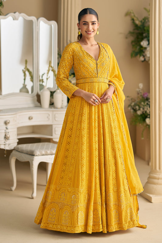 Yellow Readymade Georgette Gown With Dupatta-SAR11543_1_SareeButa.com