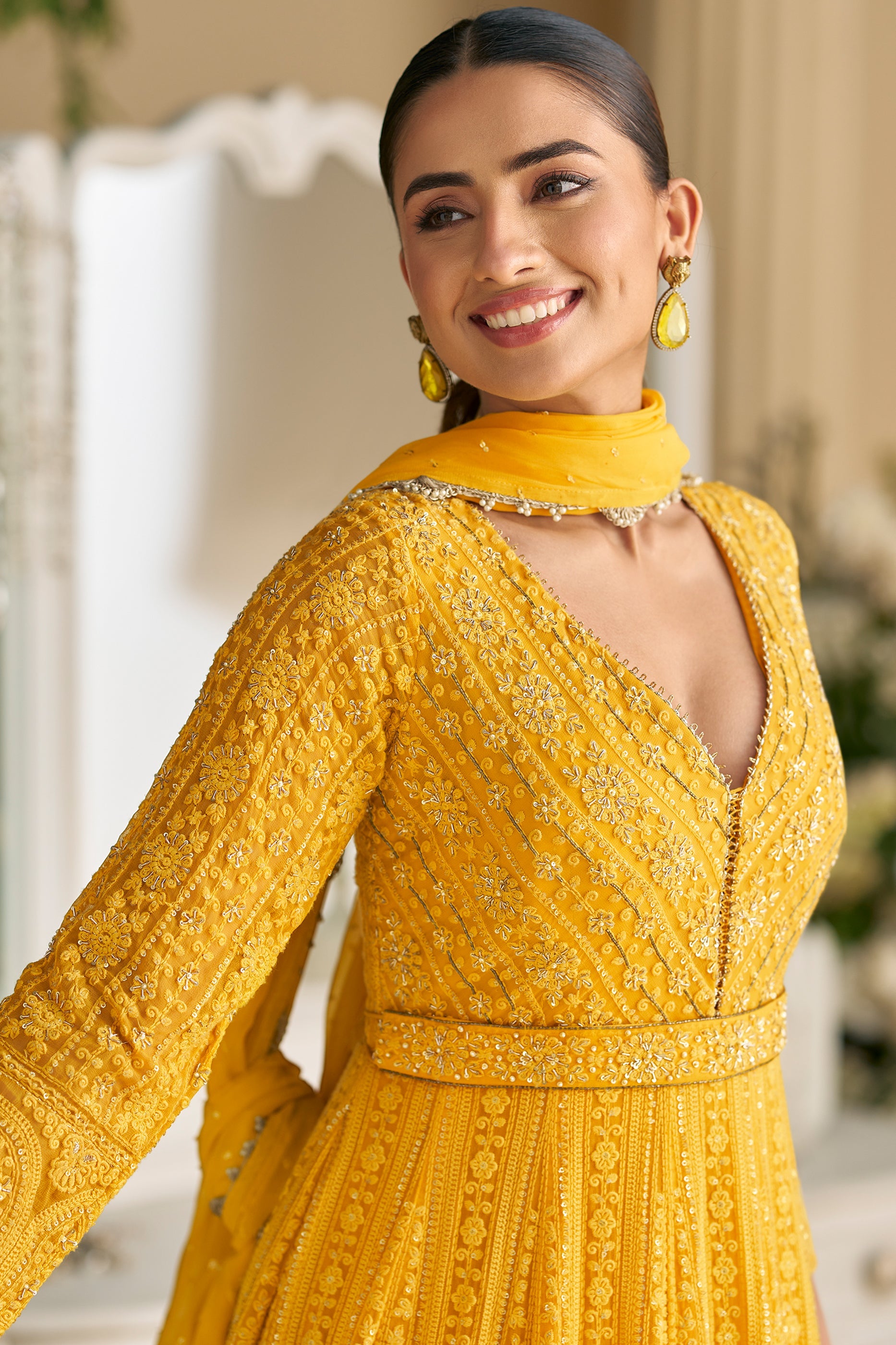 Yellow Readymade Georgette Gown With Dupatta-SAR11543_3_SareeButa.com