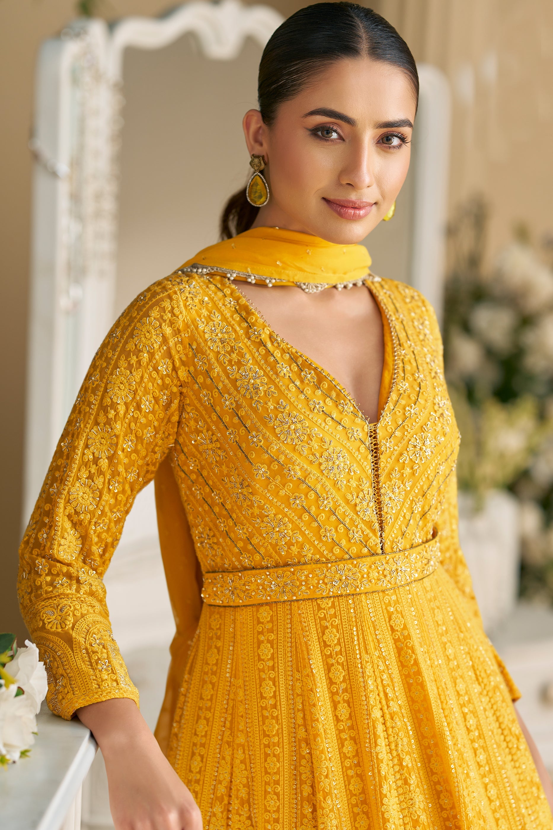Yellow Readymade Georgette Gown With Dupatta-SAR11543_4_SareeButa.com