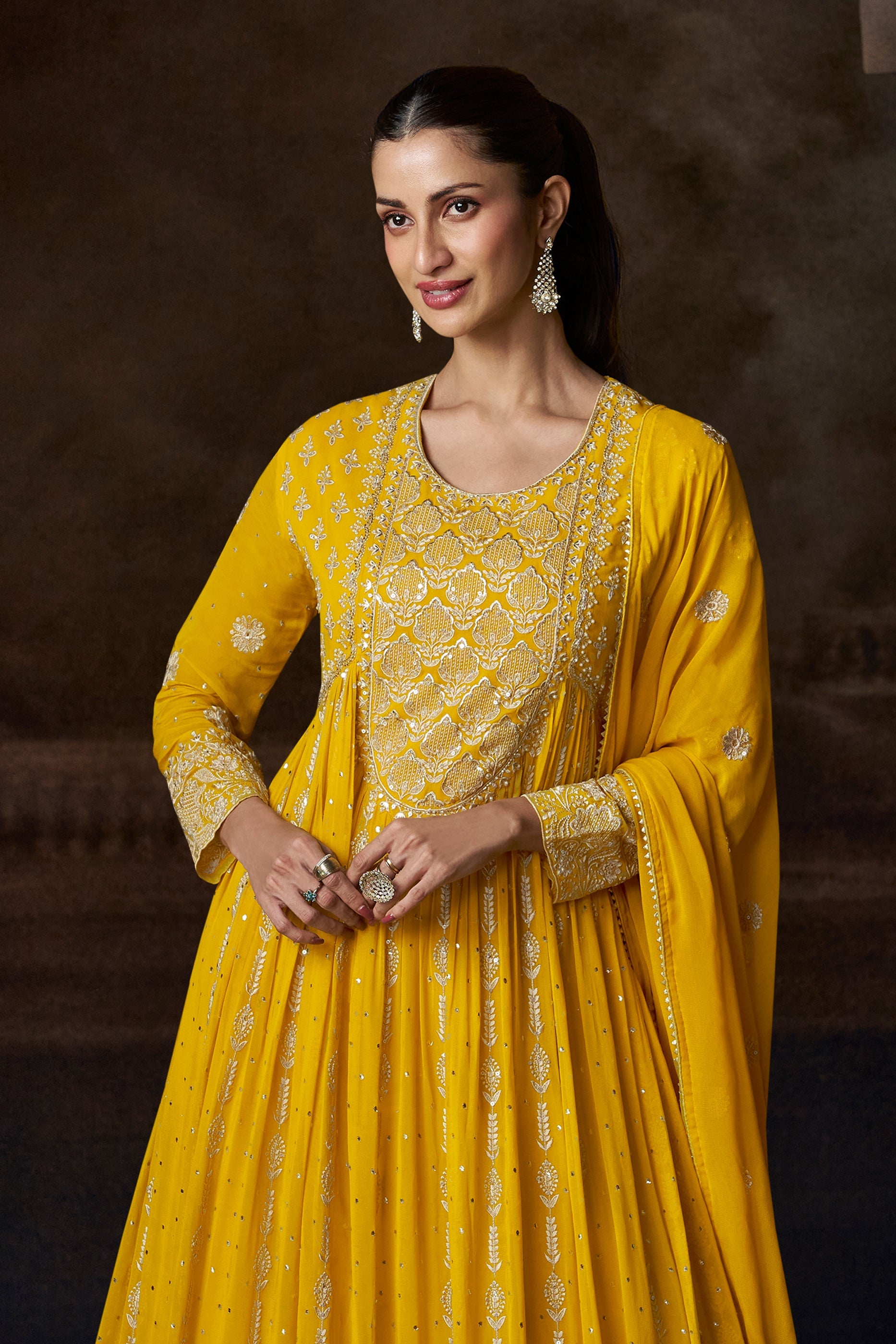 Yellow Readymade Georgette Gown With Dupatta-SAR11553_3_SareeButa.com