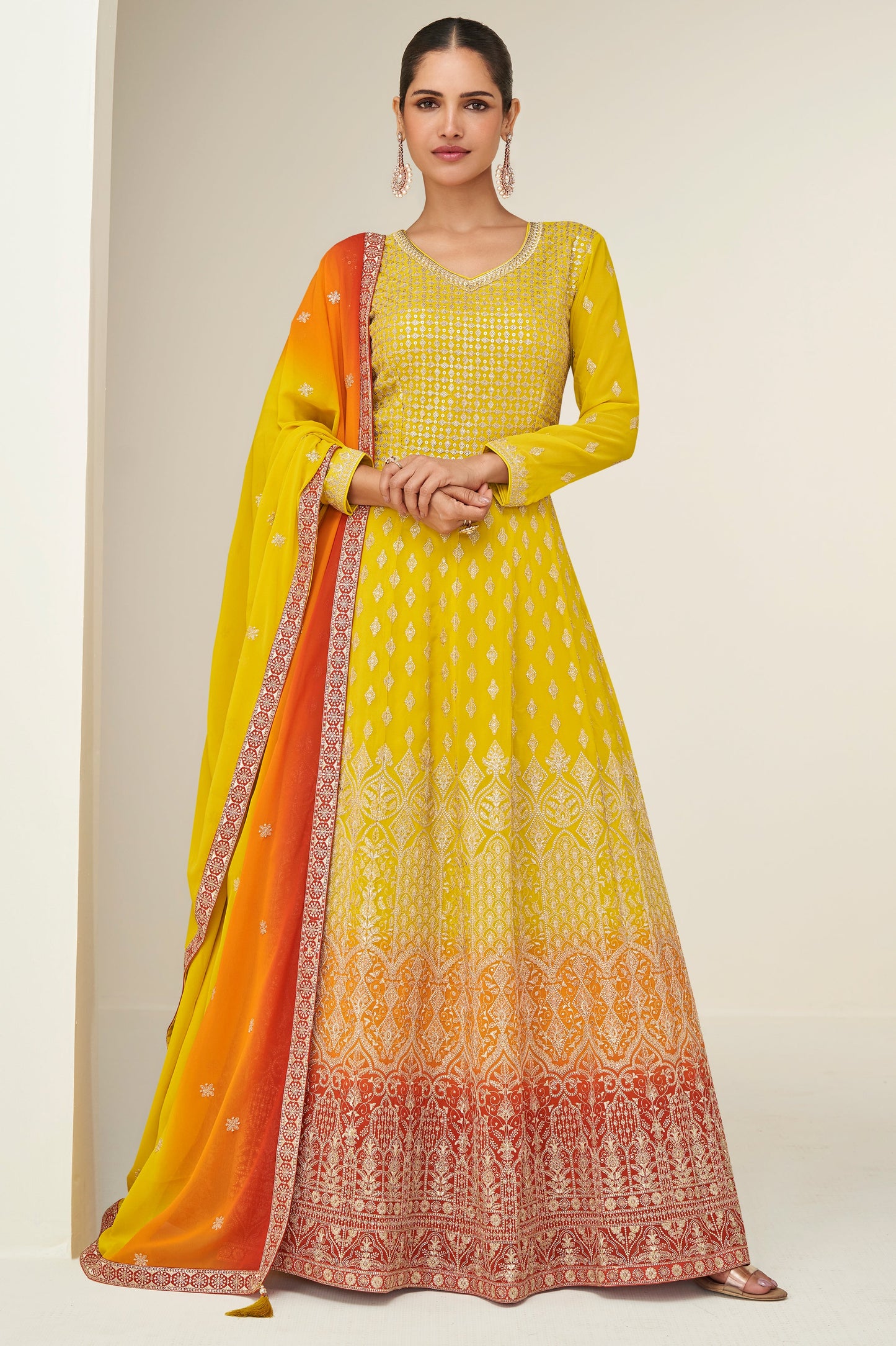 Yellow Readymade Georgette Gown with Dupatta-SS813_1_SareeButa.com