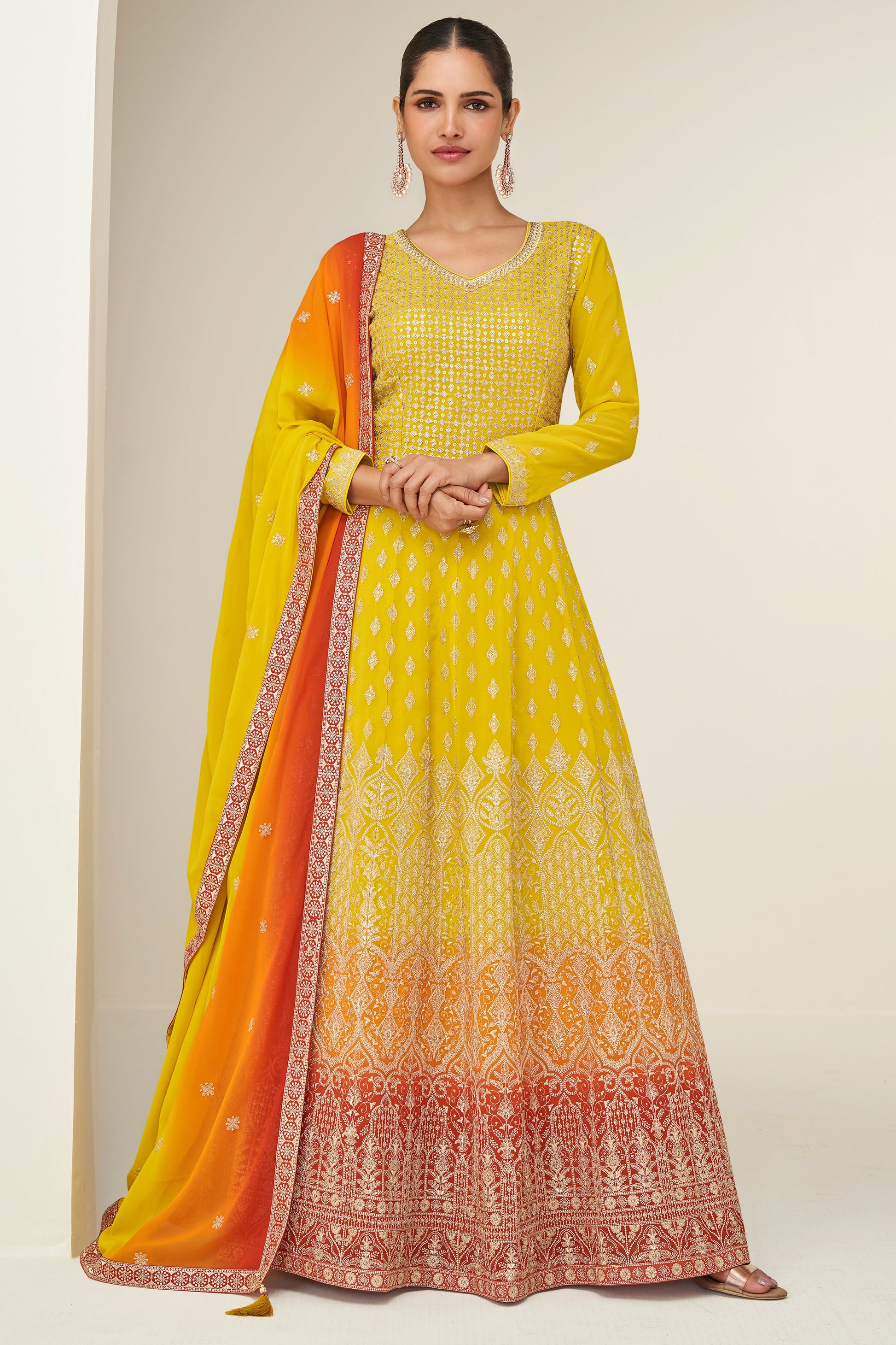 Yellow Readymade Georgette Gown with Dupatta-SS813_1_SareeButa.com