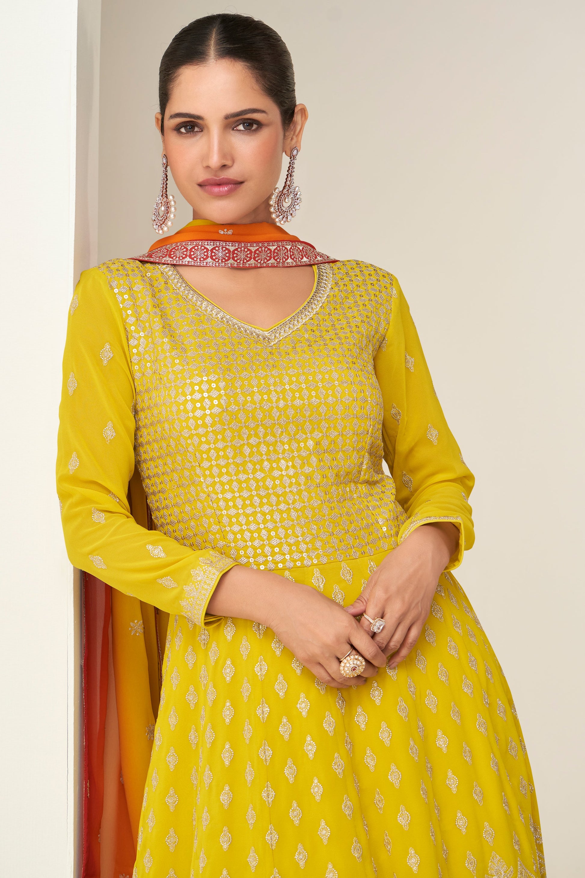 Yellow Readymade Georgette Gown with Dupatta-SS813_2_SareeButa.com