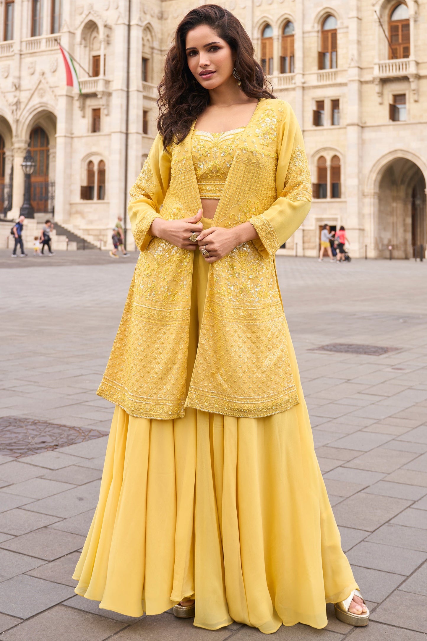 Yellow Readymade Georgette Palazzo Set with Jacket-SS900_1_SareeButa.com