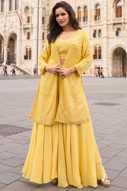 Yellow Readymade Georgette Palazzo Set with Jacket-SS900_1_SareeButa.com