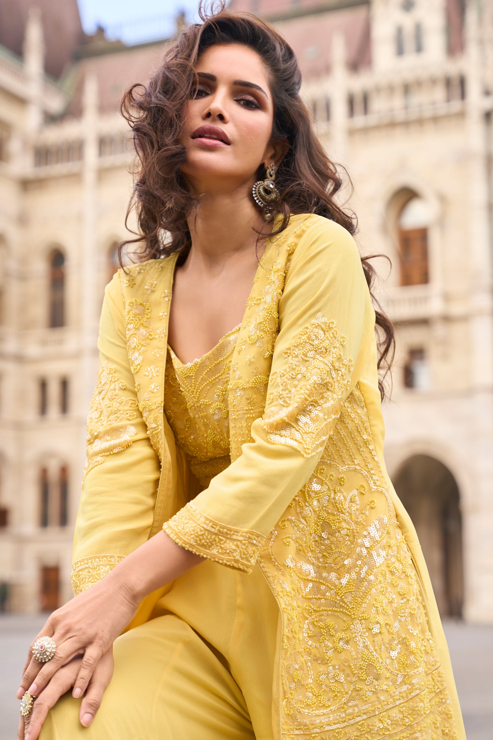 Yellow Readymade Georgette Palazzo Set with Jacket-SS900_3_SareeButa.com