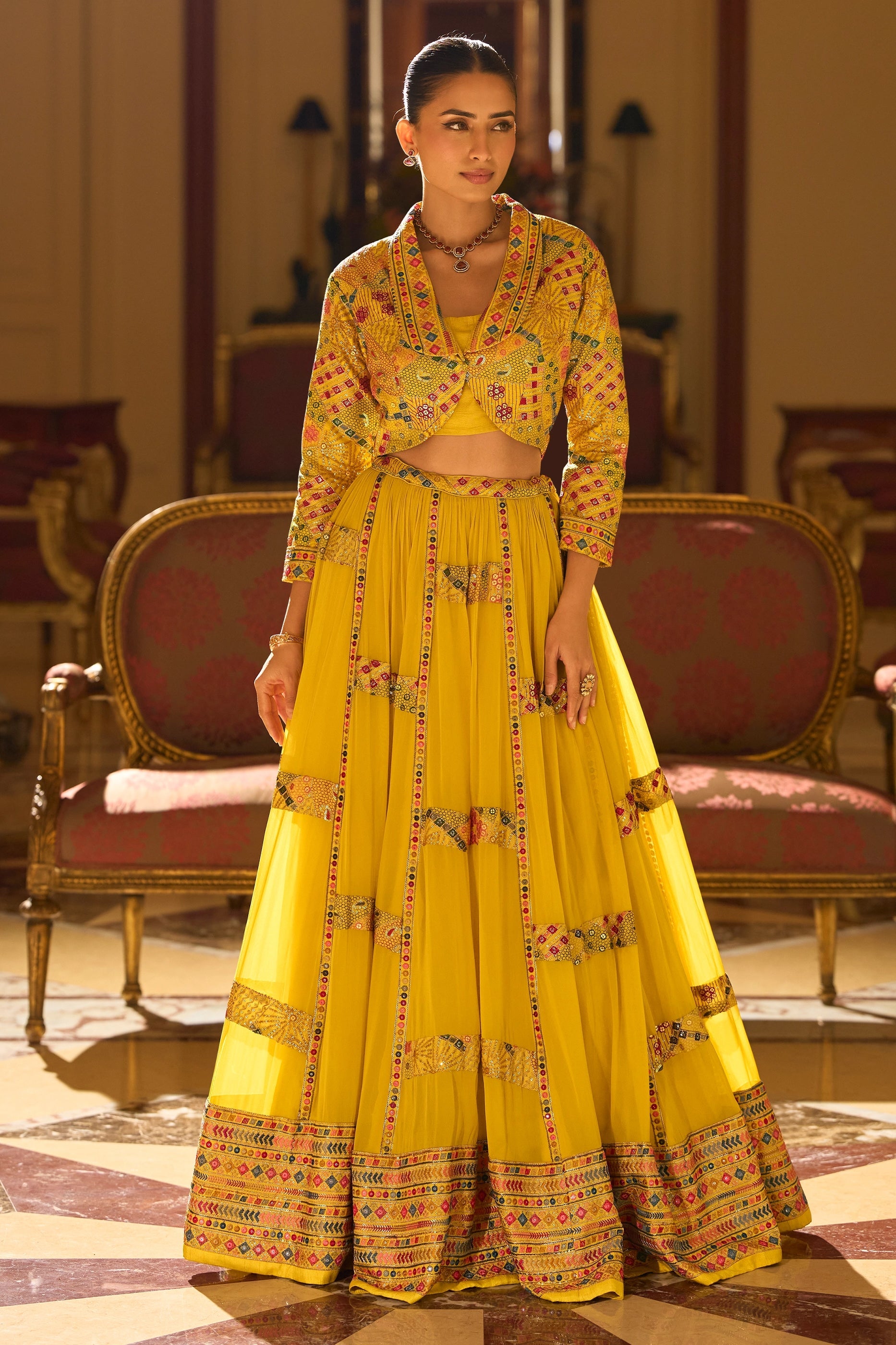Yellow Readymade Georgette Skirt Set With Jacket-SAR10955_1_SareeButa.com