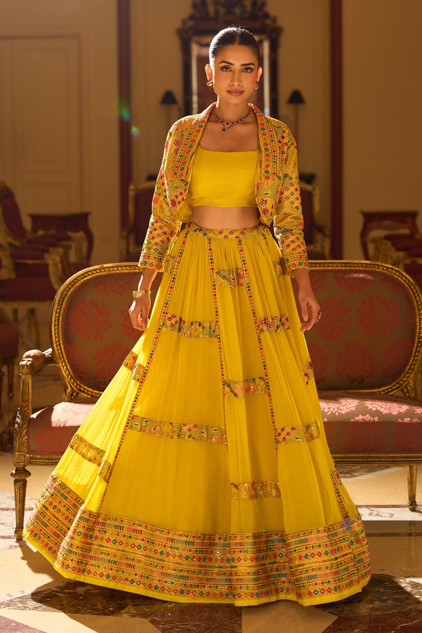 Yellow Readymade Georgette Skirt Set With Jacket-SAR10955_4_SareeButa.com