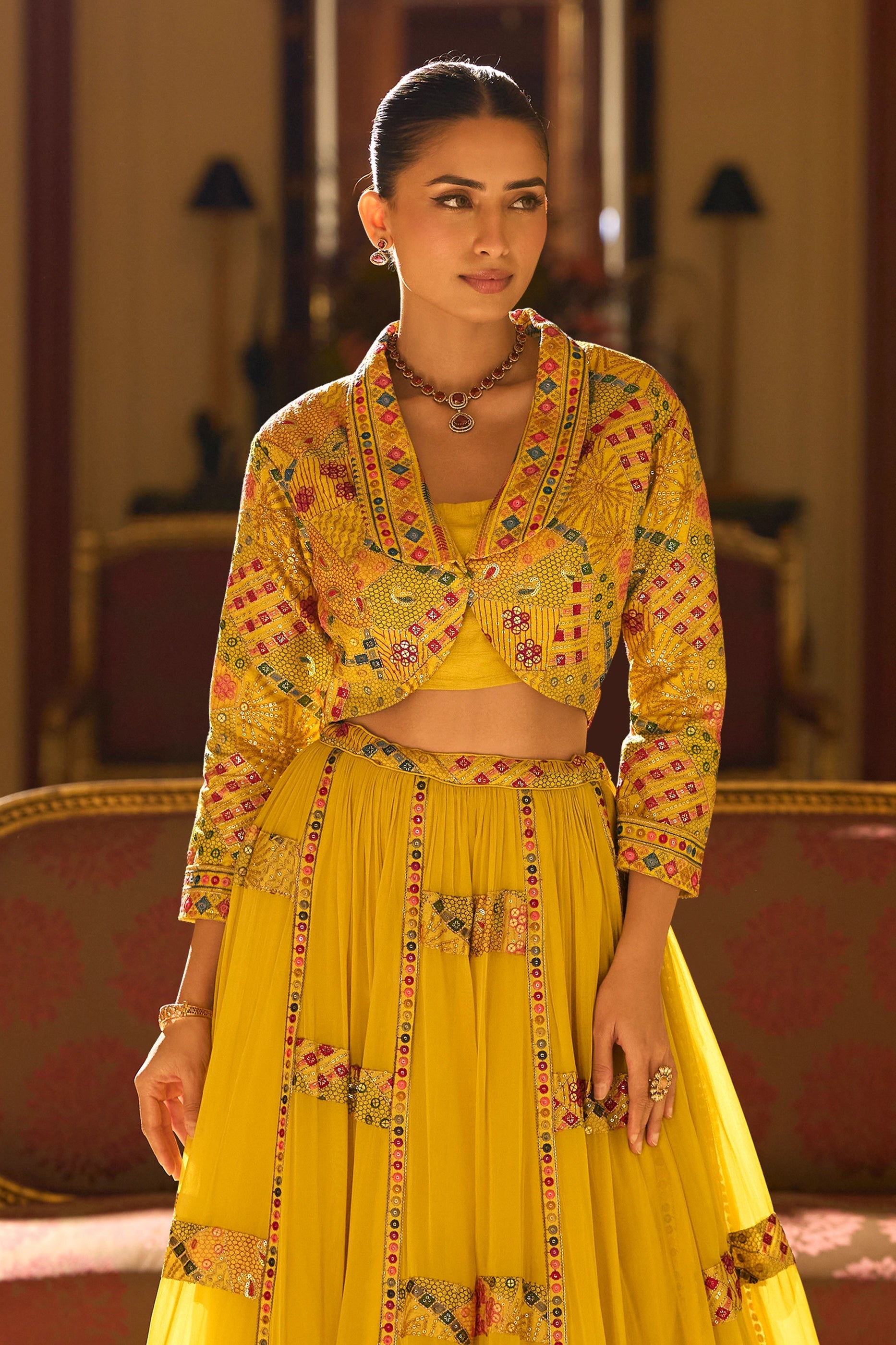 Yellow Readymade Georgette Skirt Set With Jacket-SAR10955_5_SareeButa.com