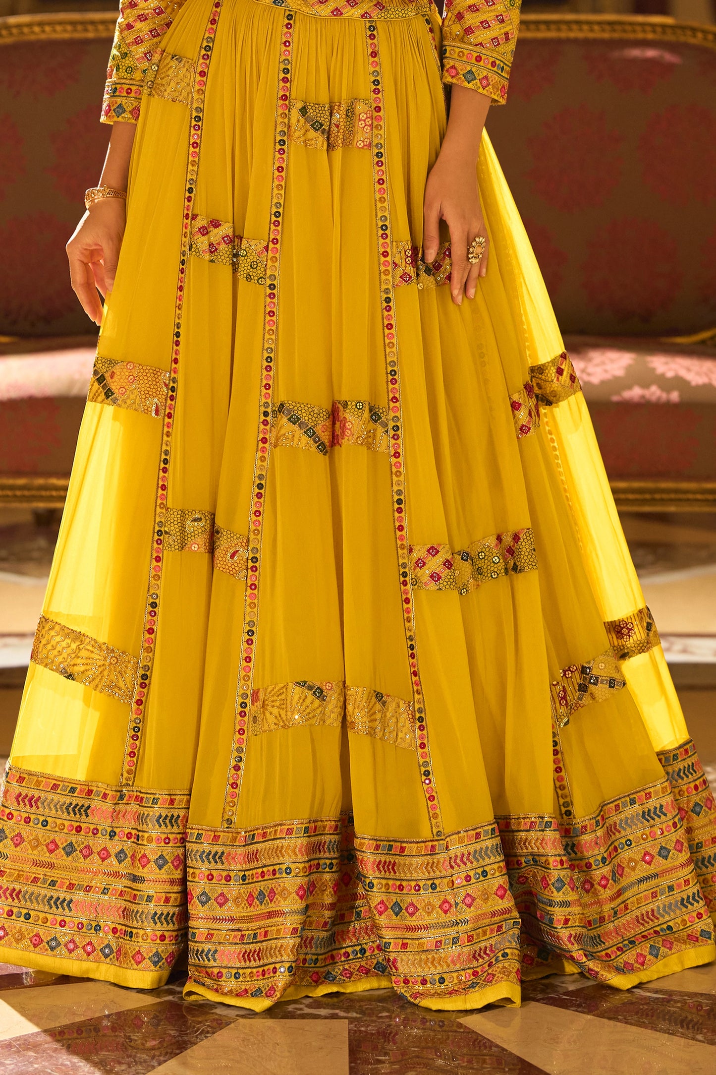 Yellow Readymade Georgette Skirt Set With Jacket