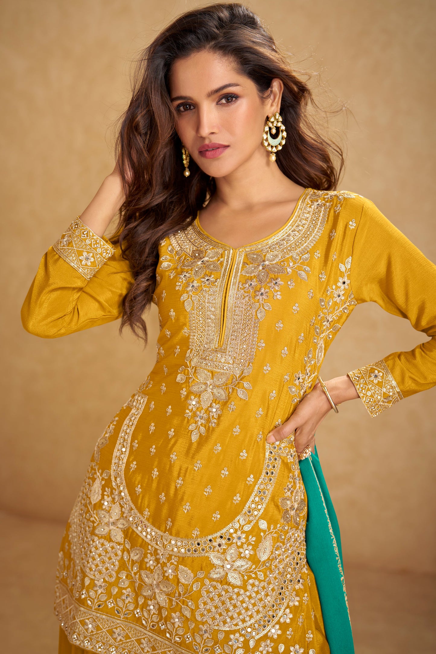 Yellow Readymade Heavy Work Chinon Suit-SS719_2_SareeButa.com