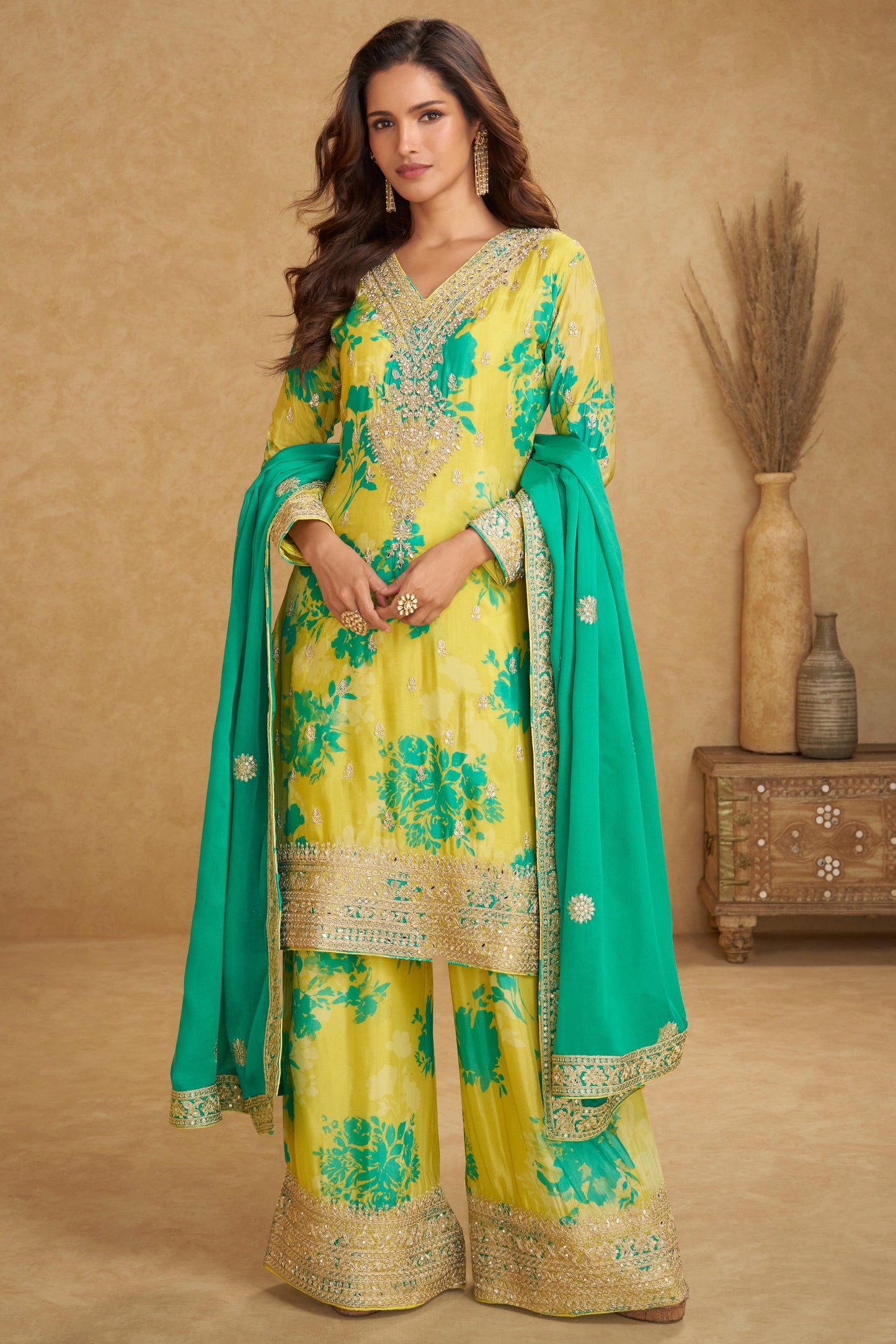 Yellow Readymade Heavy Work Printed Chinon Suit-SS784_1_SareeButa.com