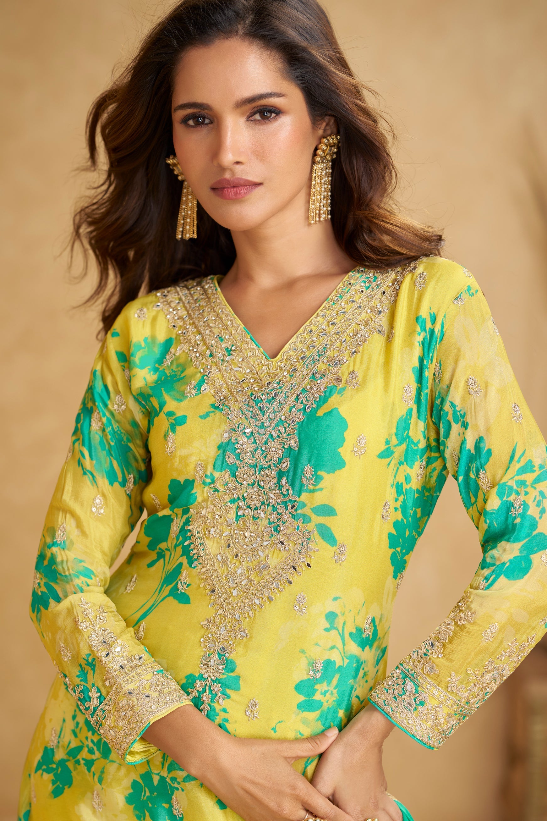 Yellow Readymade Heavy Work Printed Chinon Suit-SS784_2_SareeButa.com