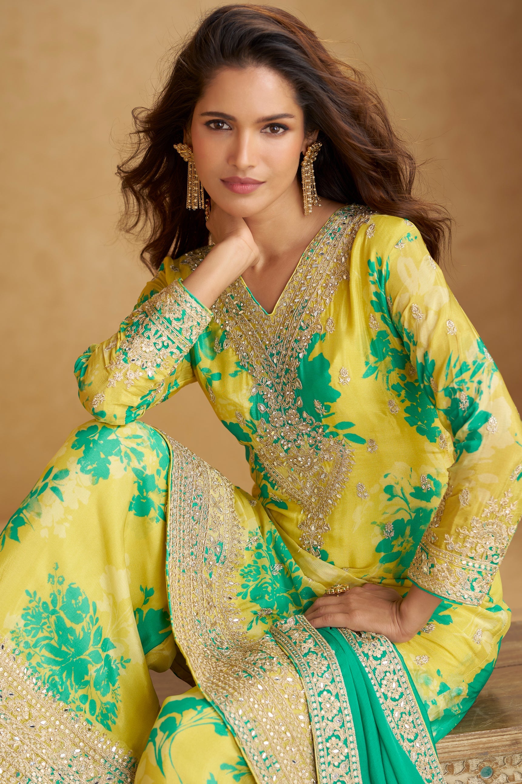 Yellow Readymade Heavy Work Printed Chinon Suit-SS784_3_SareeButa.com