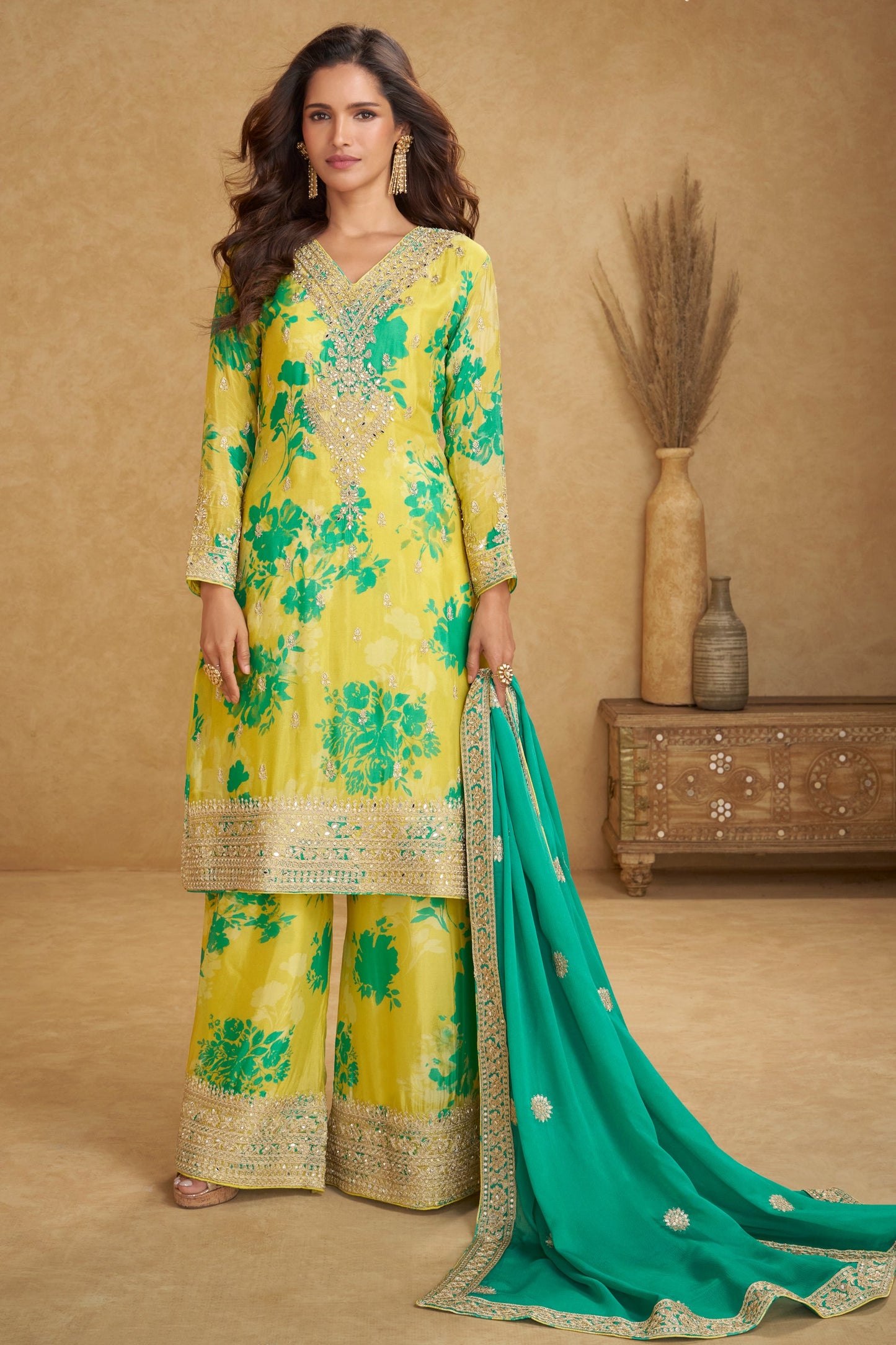 Yellow Readymade Heavy Work Printed Chinon Suit-SS784_4_SareeButa.com