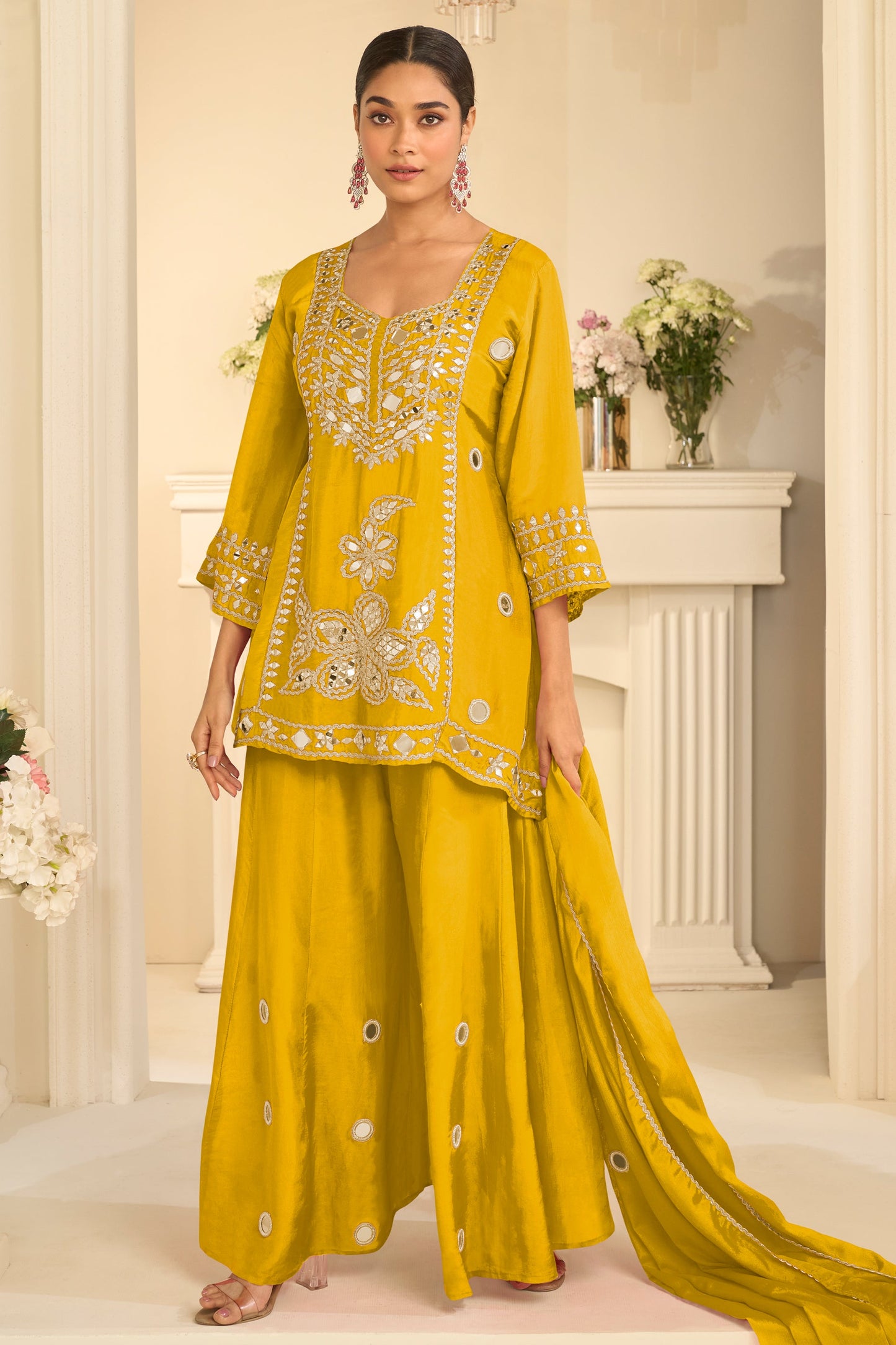 Yellow Readymade Mirror Work Chinon A-line Suit-SAR12156_1_SareeButa.com