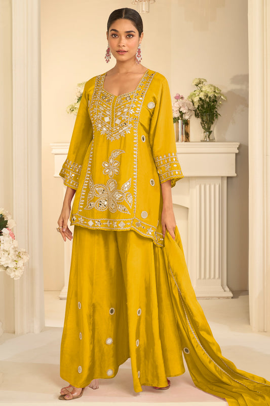 Yellow Readymade Mirror Work Chinon A-line Suit-SAR12156_1_SareeButa.com